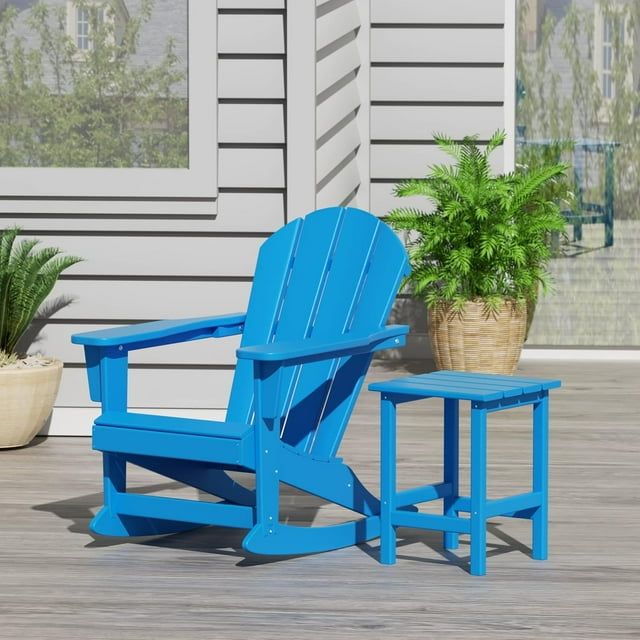 Pacific Blue HDPE Outdoor Rocking Adirondack Chair with Wide Arms
