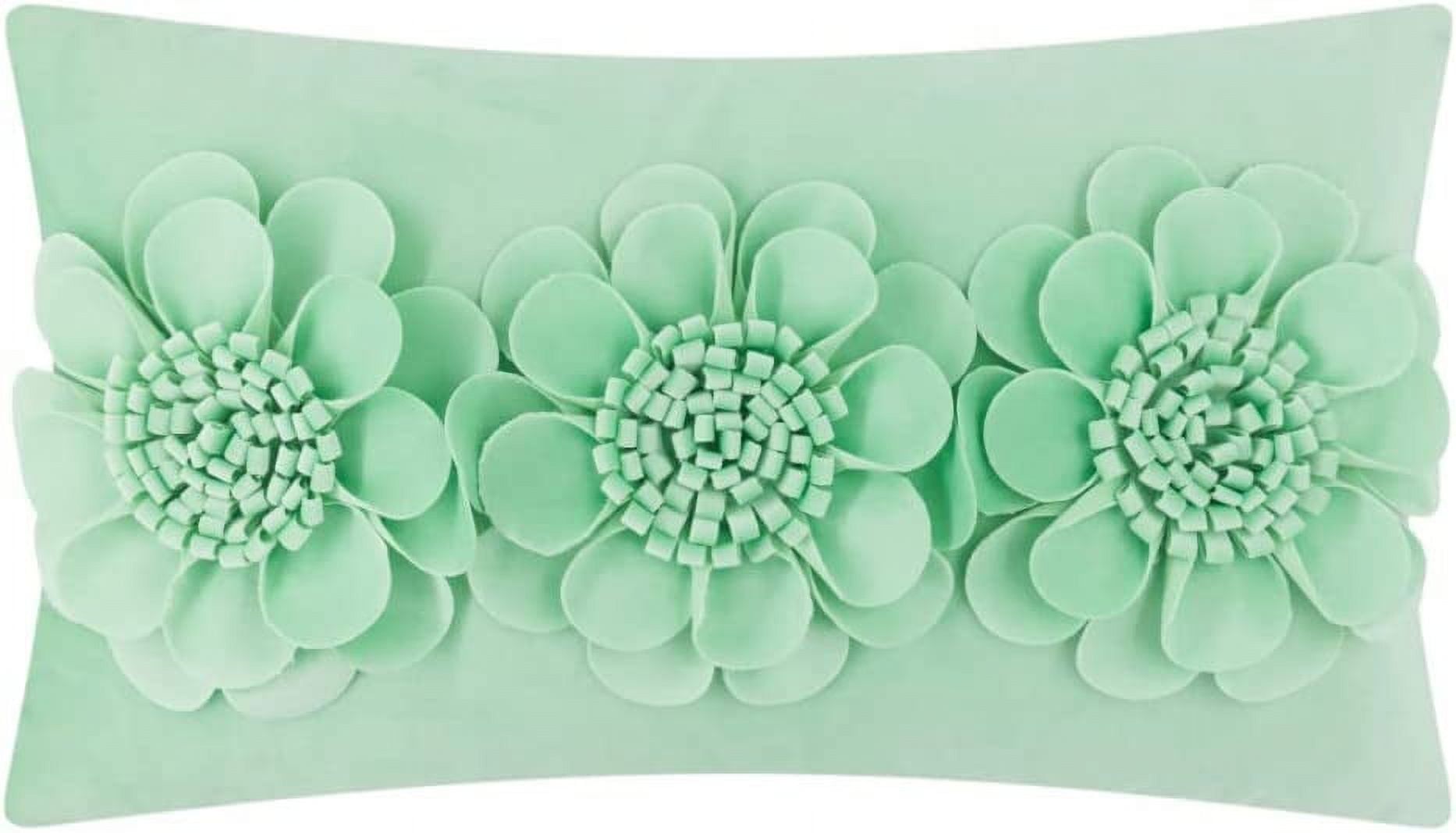 Mint Green Velvet Rectangle Pillowcase with 3D Floral Design
