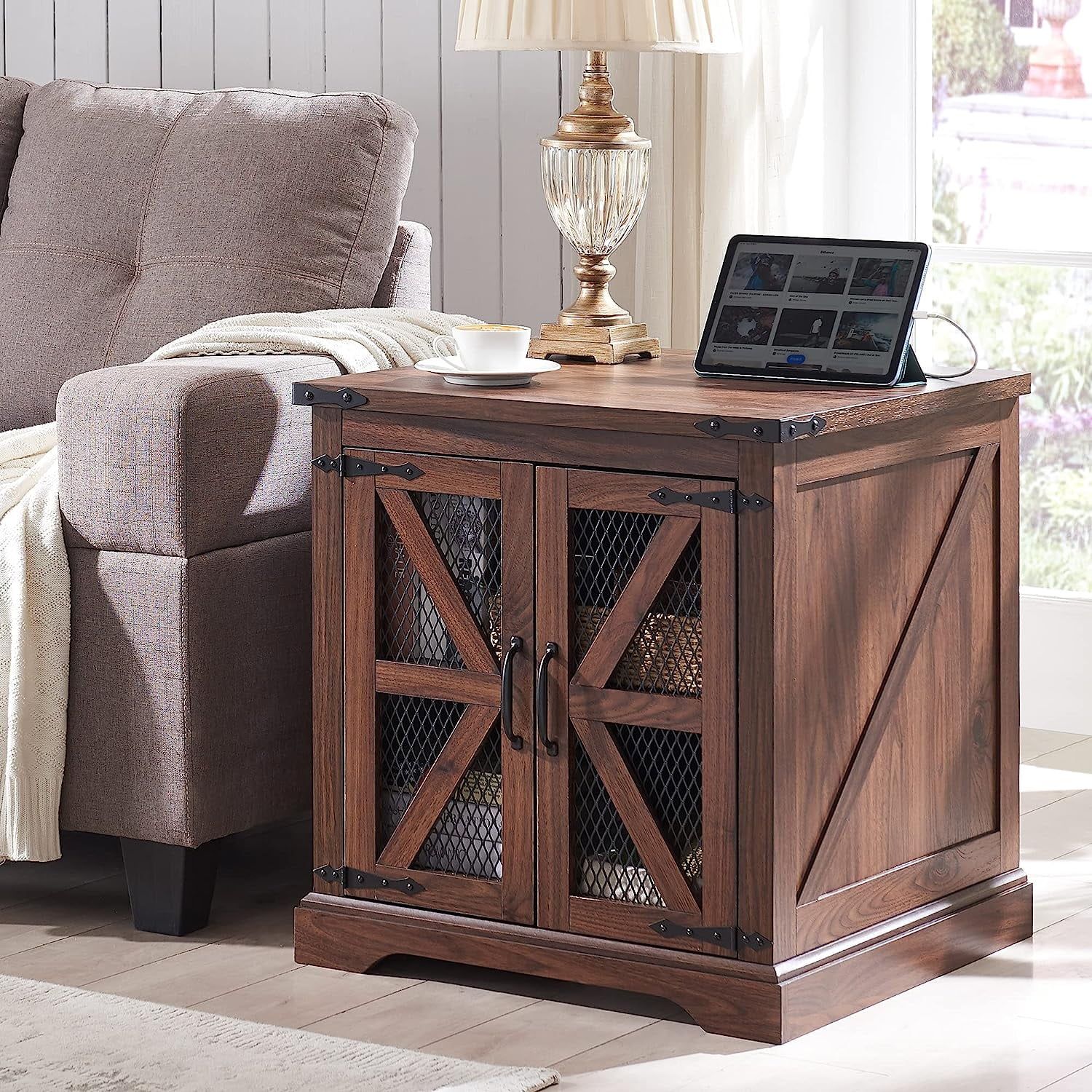 Brown Farmhouse Wood End Table with Storage and Charging Station