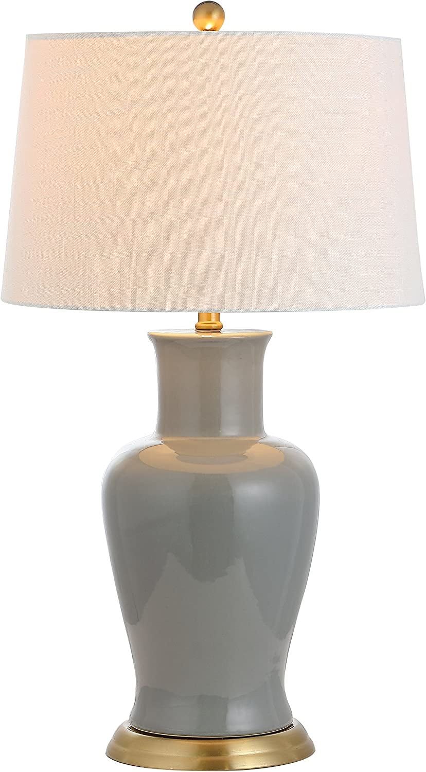 Gray Ceramic Table Lamp with Fabric Shade and Brass Base