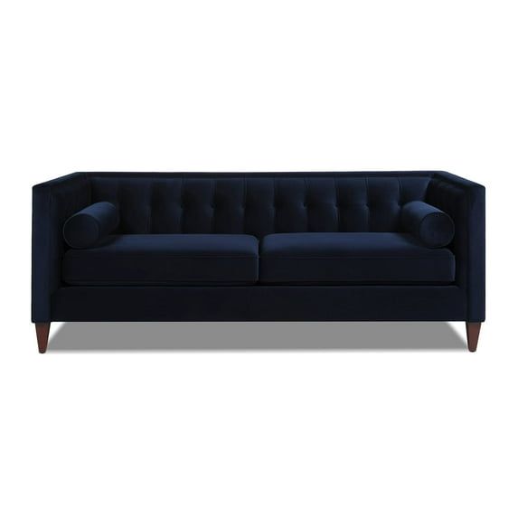 Dark Navy Blue Velvet Tufted Tuxedo Settee with Wood Legs