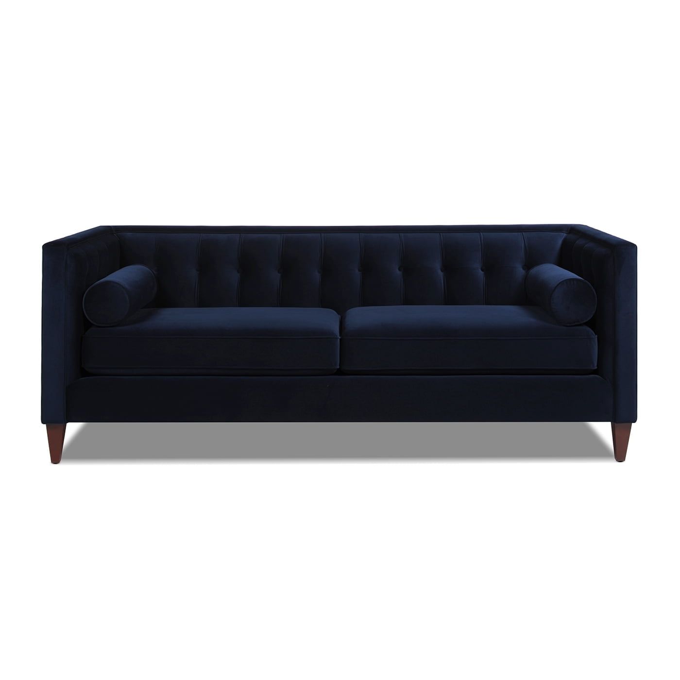 Dark Navy Blue Velvet Tufted Tuxedo Settee with Wood Legs