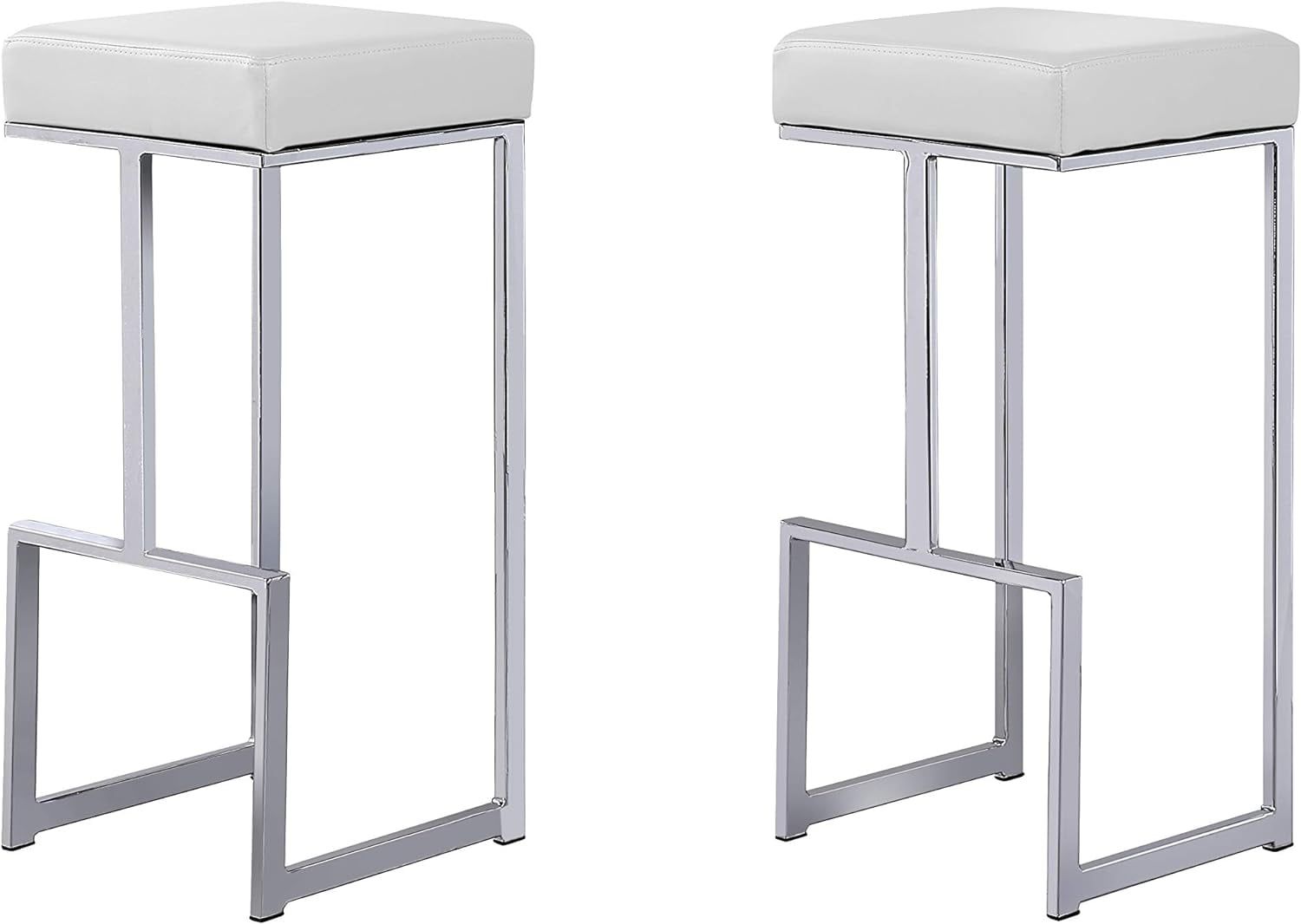 31" White Faux Leather Backless Bar Stools with Silver Frame, Set of 2