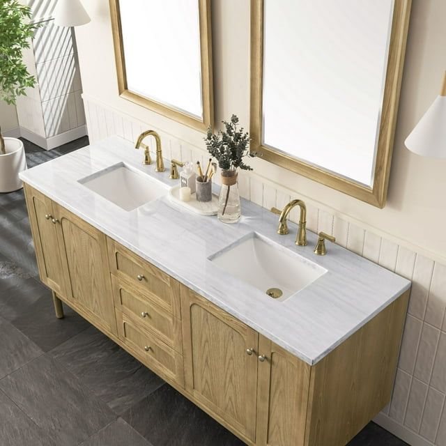 Latte Oak Double Wall-Mount Vanity with Solid Surface Sinks