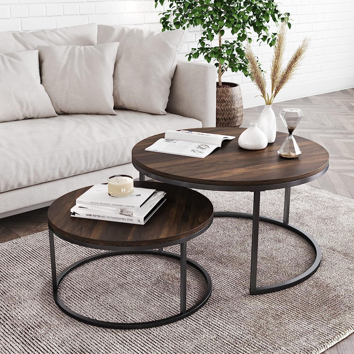 Stella Modern Warm Nutmeg Wood & Matte Black Metal Round Nesting Coffee Table Set