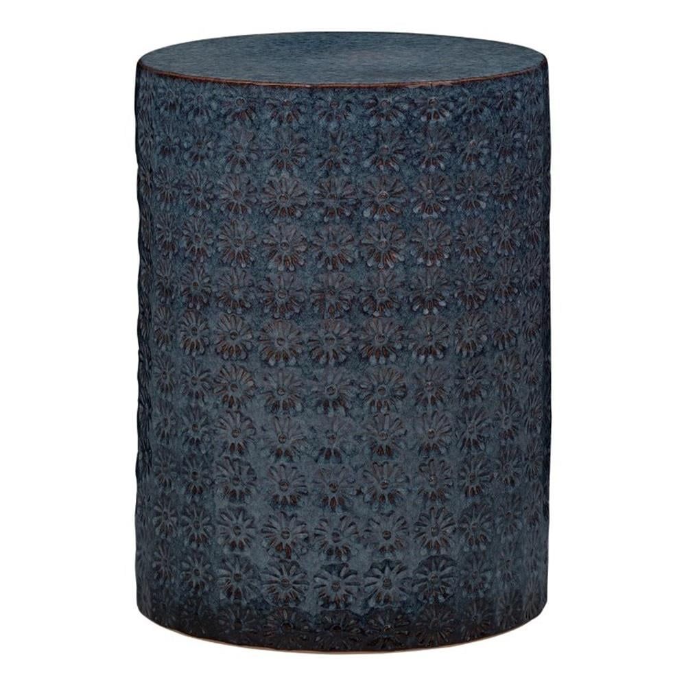 Blue Ceramic Embossed Floral Drum Accent Table