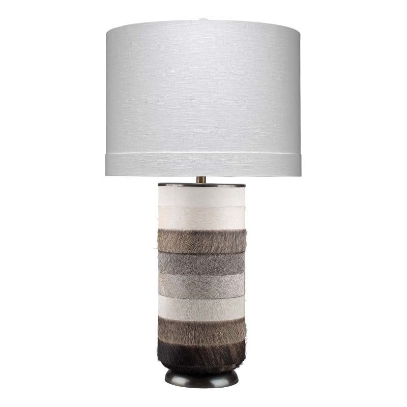 White and Gray Cowhide Leather Table Lamp with Linen Shade