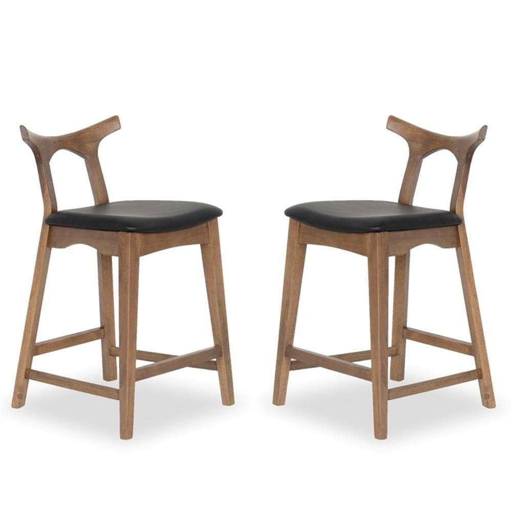 Walnut and Black Faux Leather Mid-Century Counter Stools, Set of 2