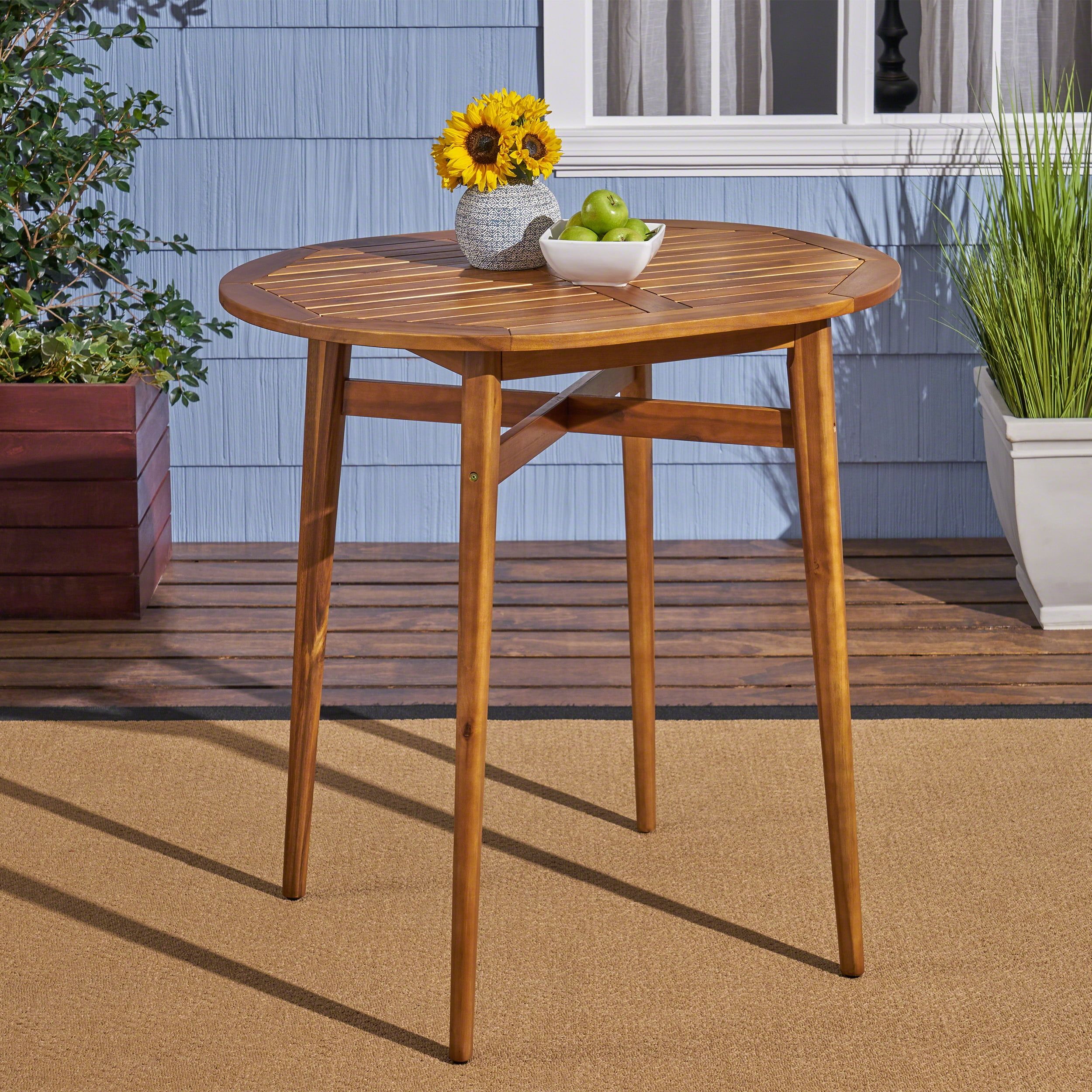 Rustic Teak Brown Acacia Wood Round Bar Table