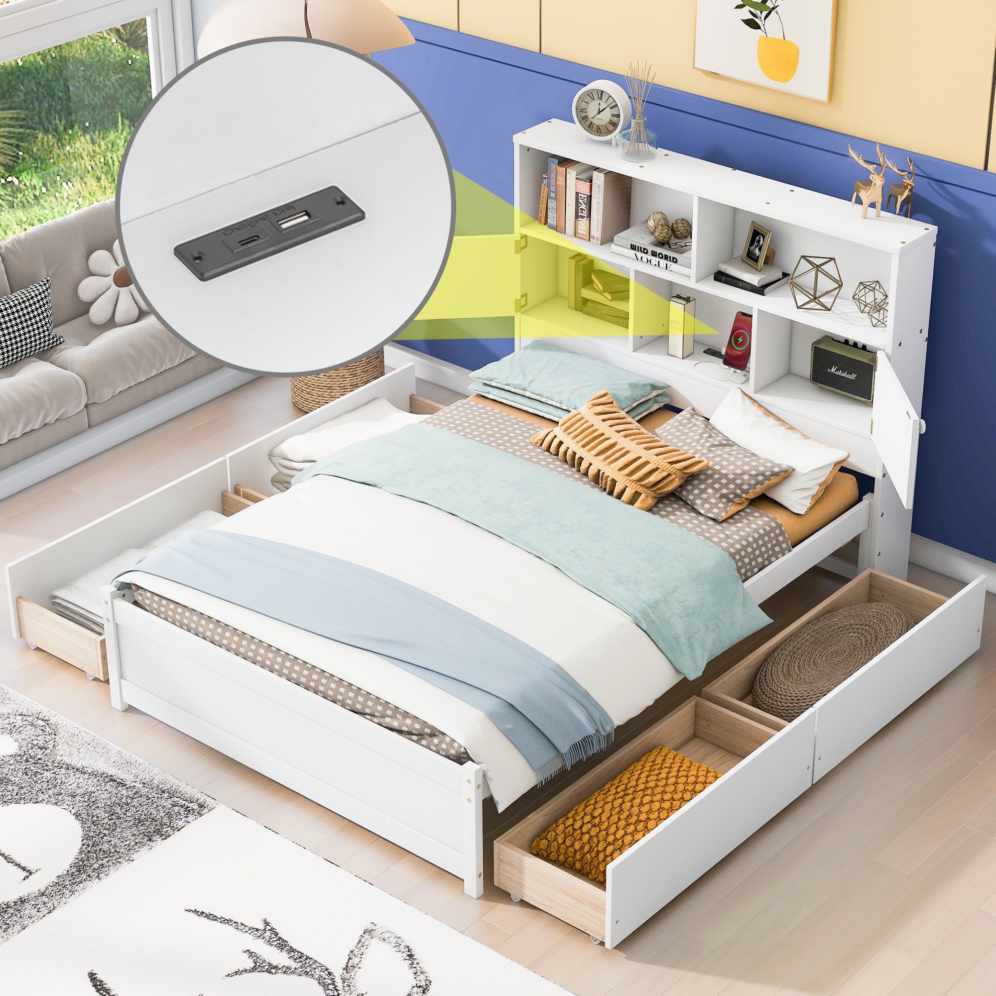 White Full Size Platform Bed with Storage Drawers and Bookcase Headboard