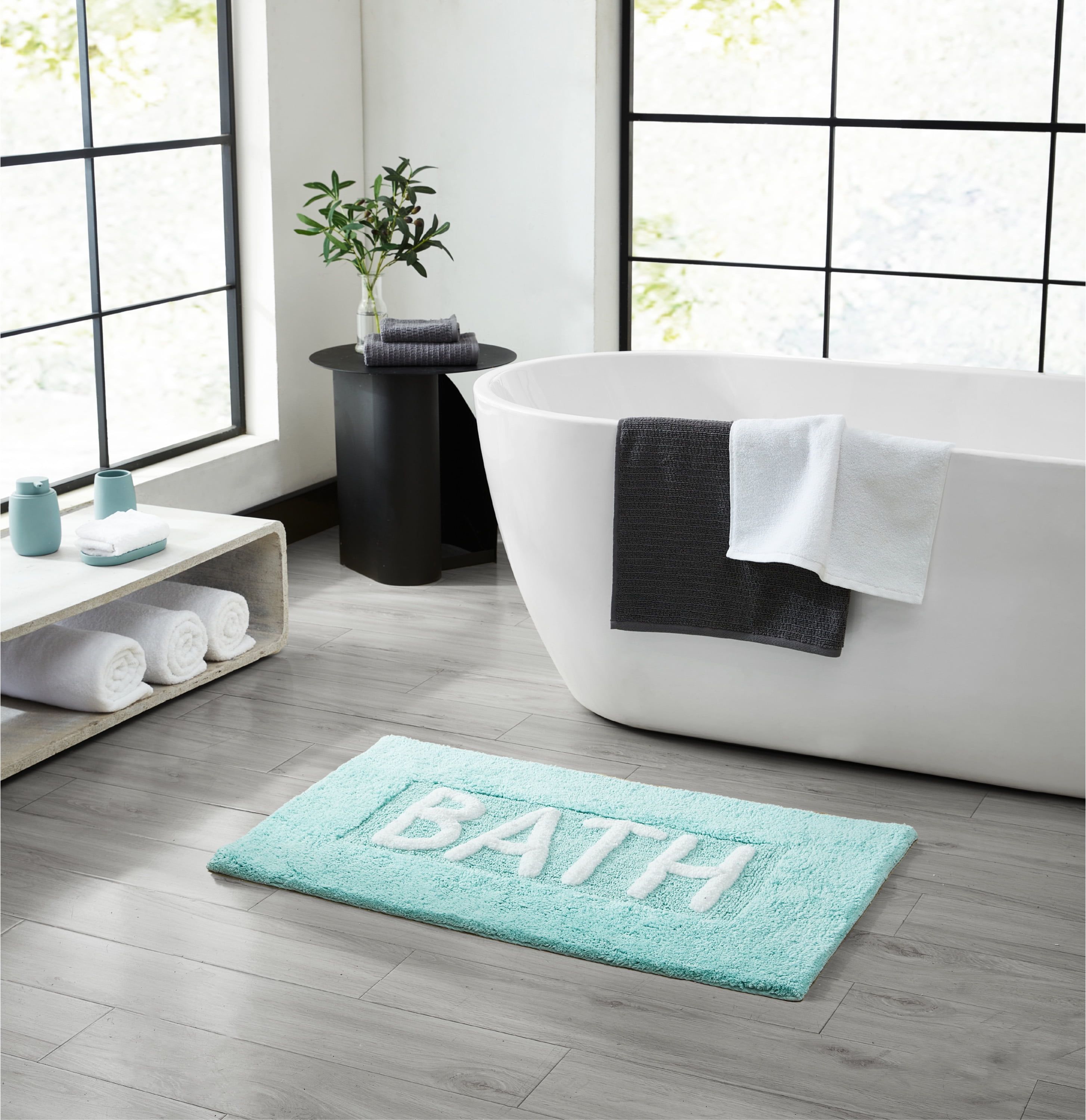 Aqua Blue Cotton Bath Rug with Plush Shag Fibers