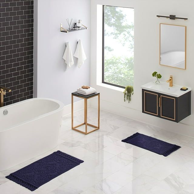 Indigo Cotton Fringe Bath Rug Set with Geometric Design