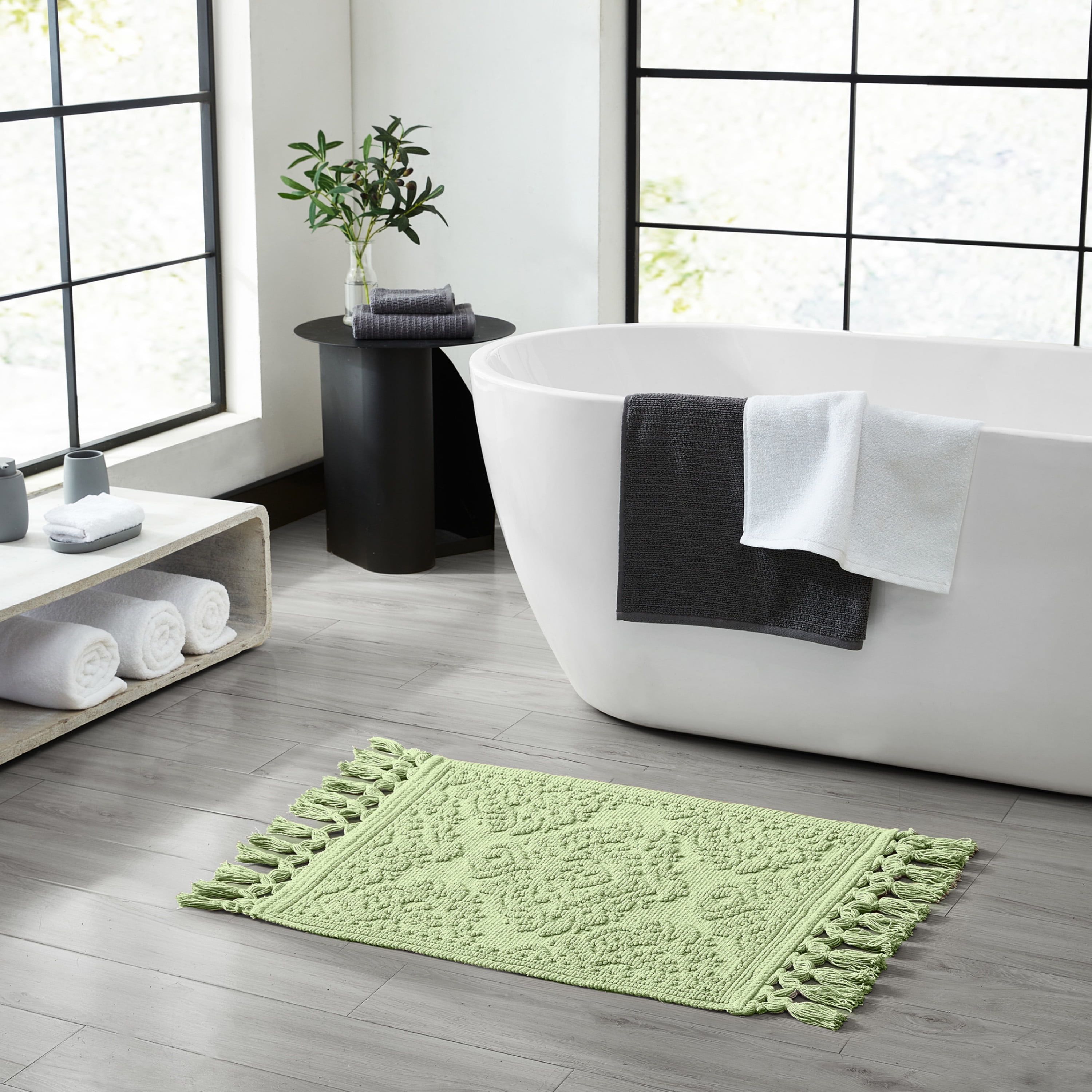 Sage Green Cotton Fringe Geometric Bath Rug 21 x 41 in