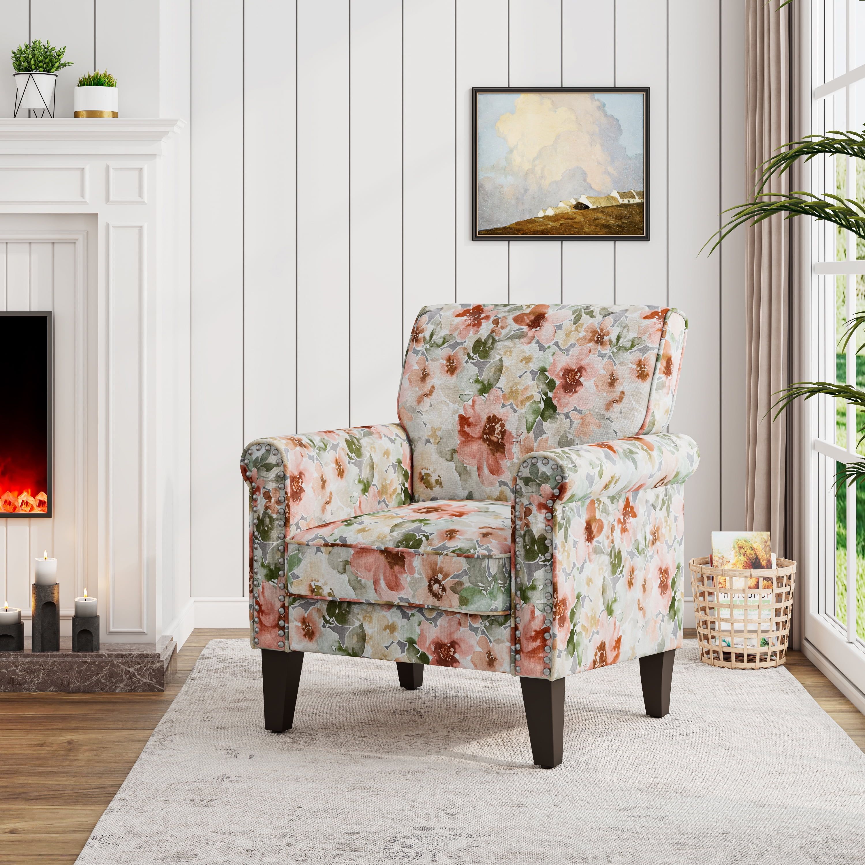 Orange and Green Floral Rolled Arm Accent Chair