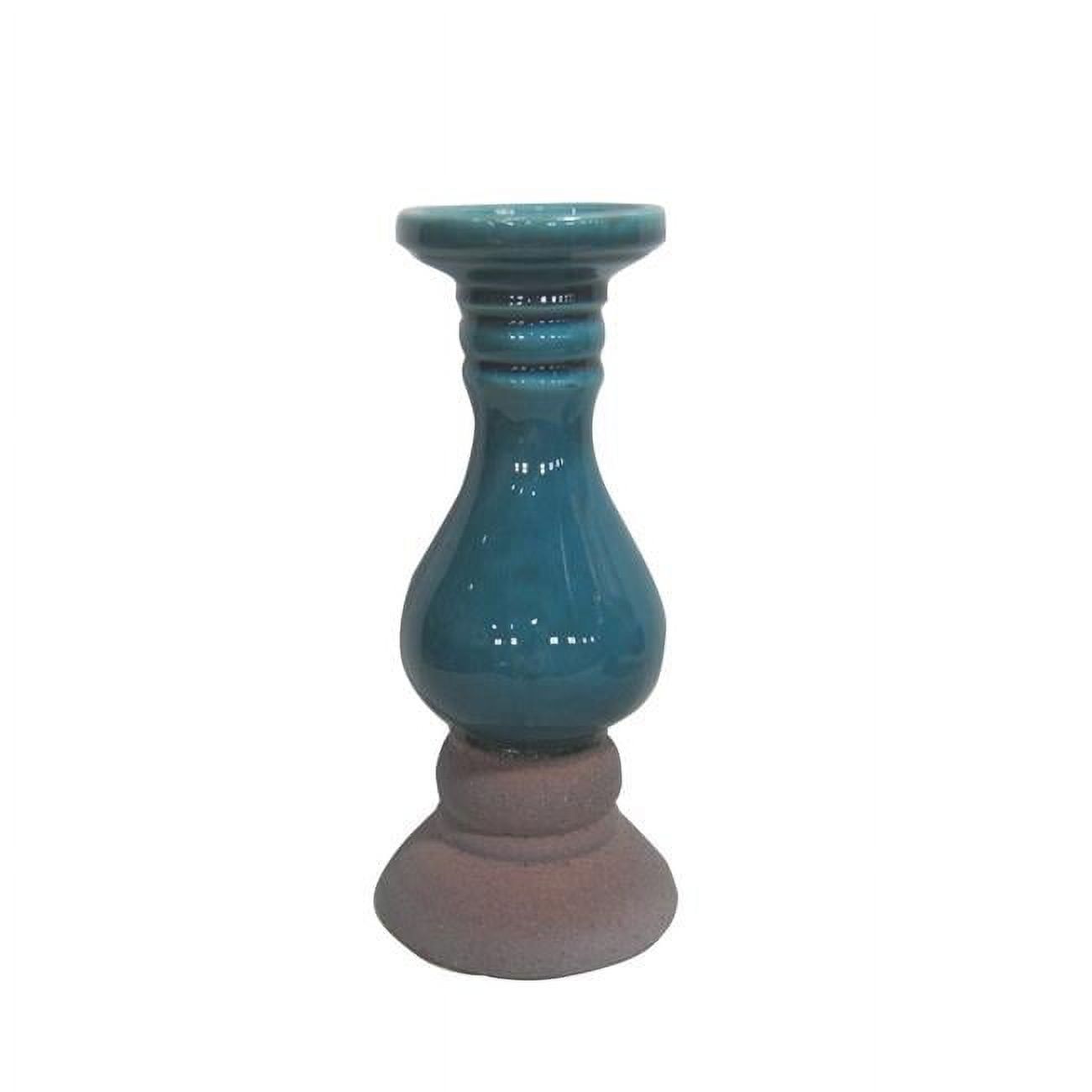 Teal Blue and Brick Red Ceramic Candlestick Holder