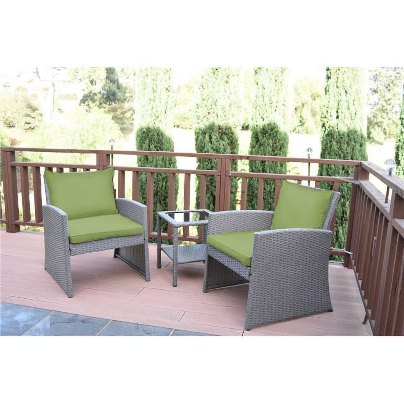 Gray Wicker Bistro Set with Sage Green Cushions and Glass Table