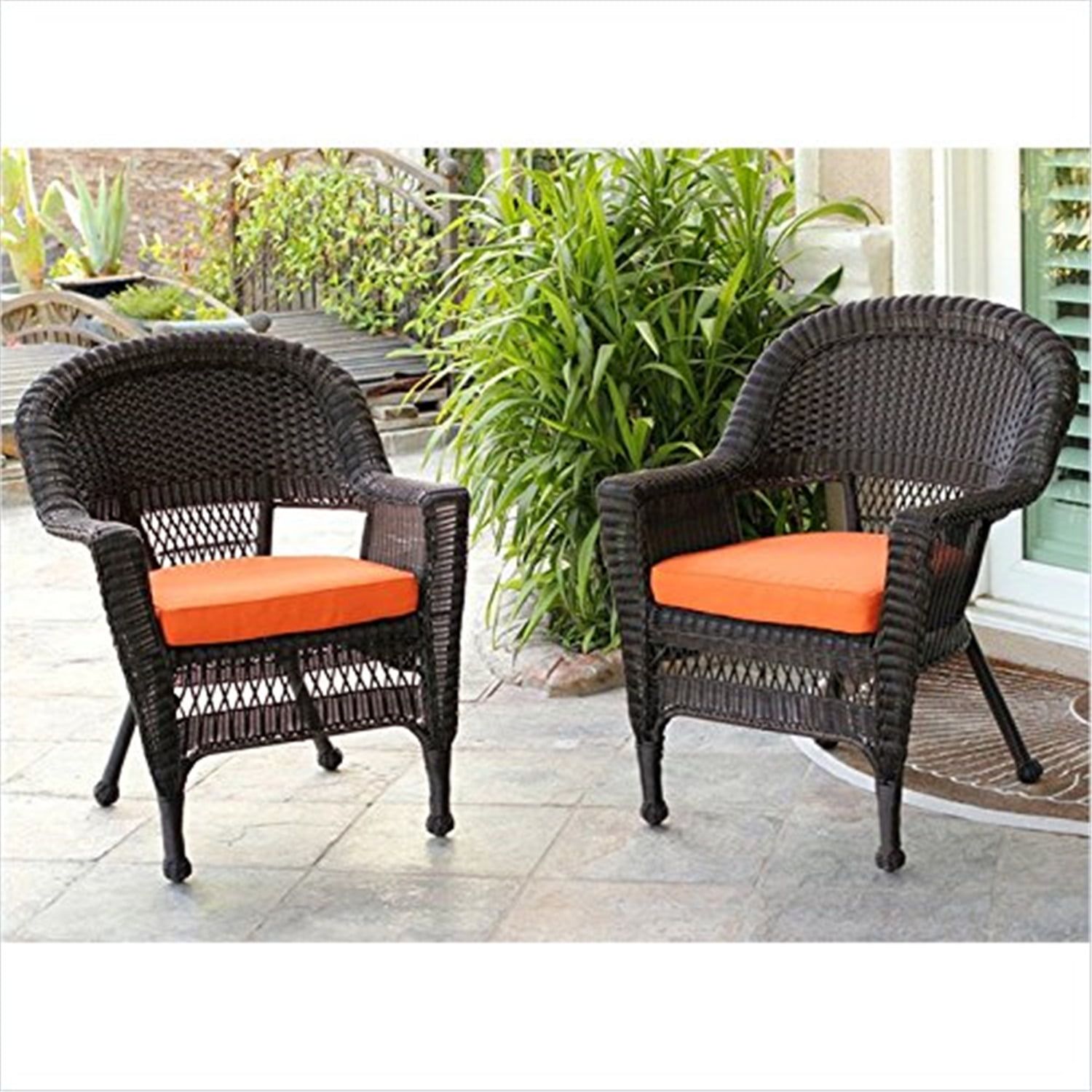 Espresso Resin Wicker Lounge Chair with Cushion, Set of 2