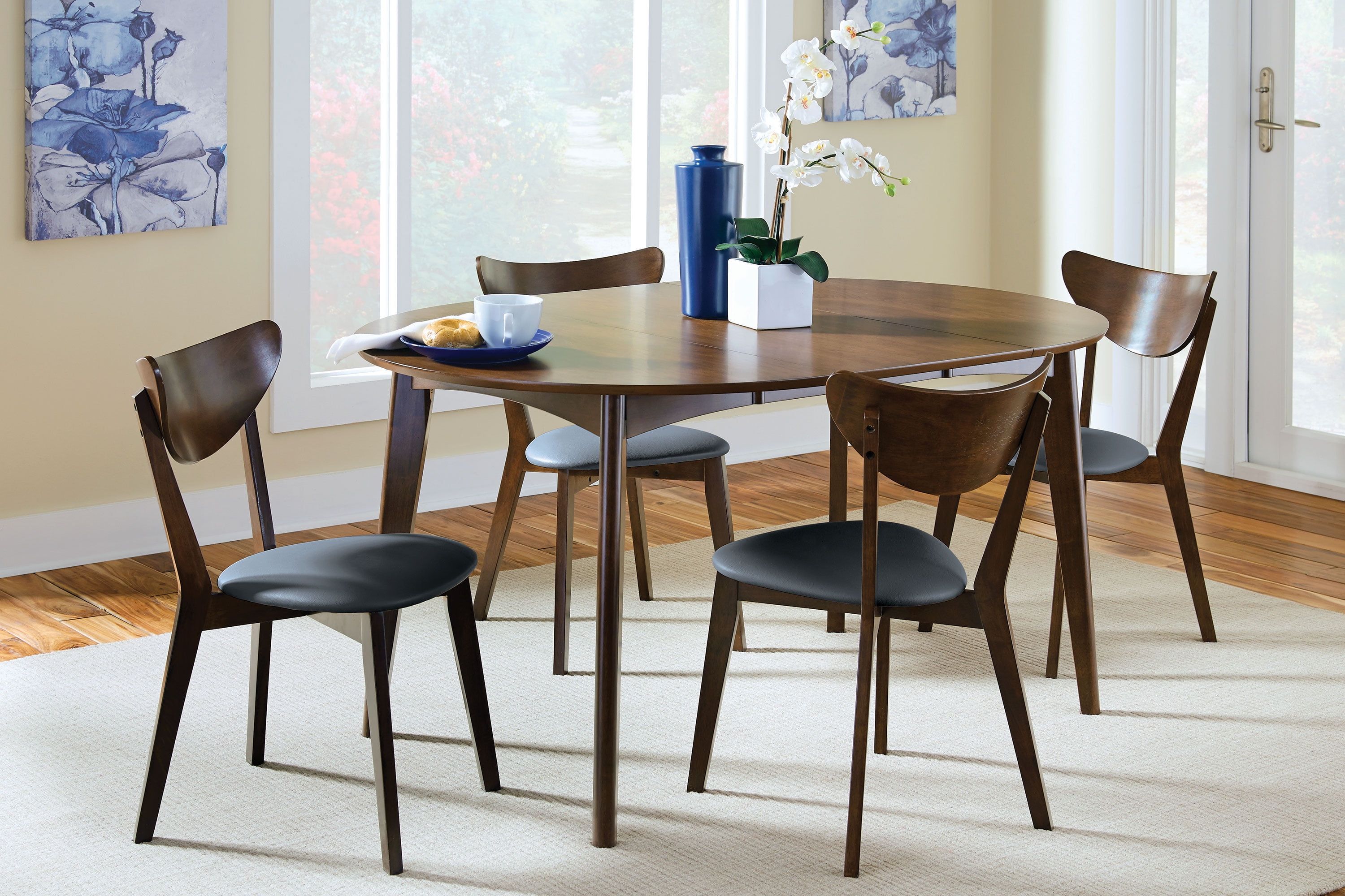 Mid-Century Modern Dark Walnut 5-Piece Dining Set with Black Faux Leather Chairs