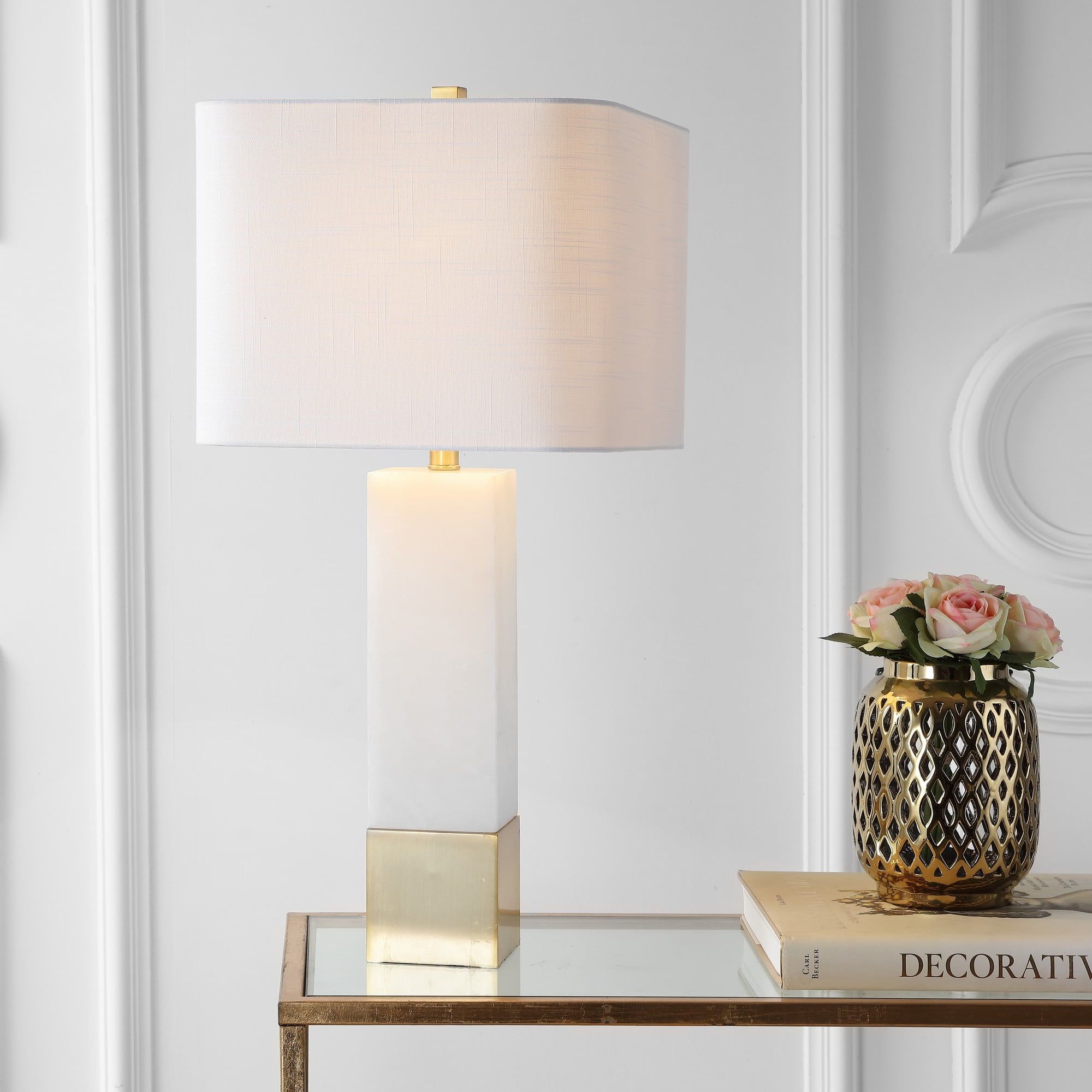 Elegant 29" White Marble & Brushed Brass LED Table Lamp