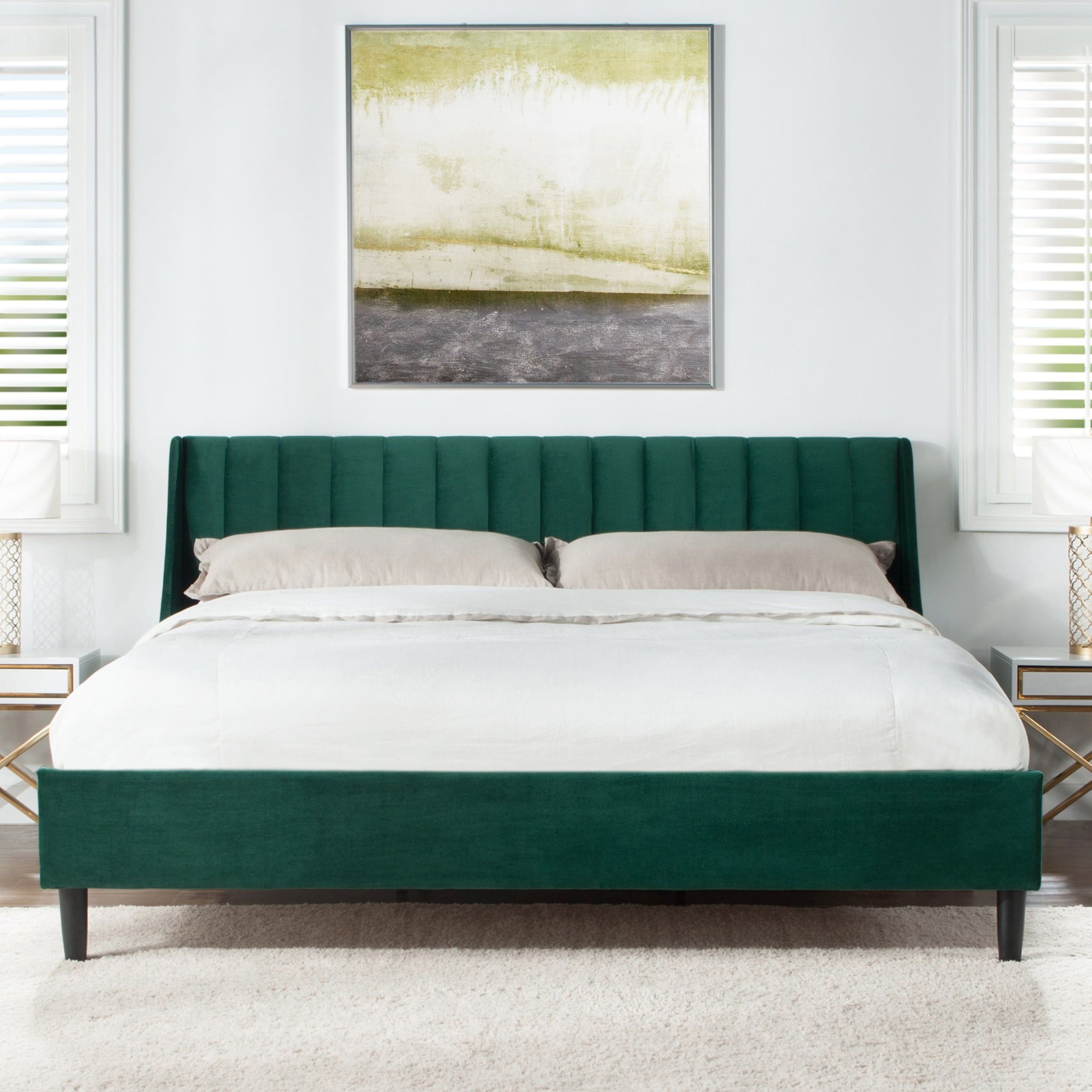 Evergreen Velvet California King Upholstered Platform Bed with Tufted Headboard