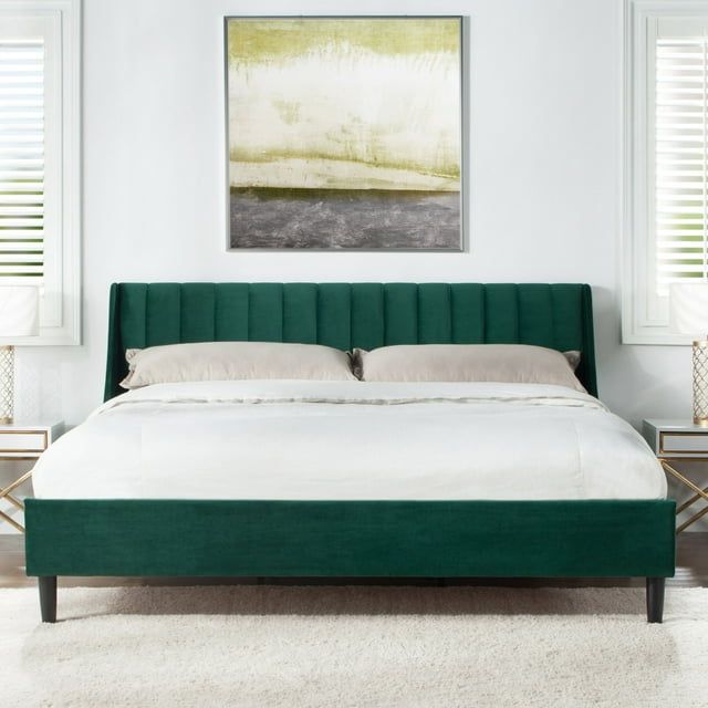 Evergreen Velvet California King Upholstered Platform Bed with Tufted Headboard