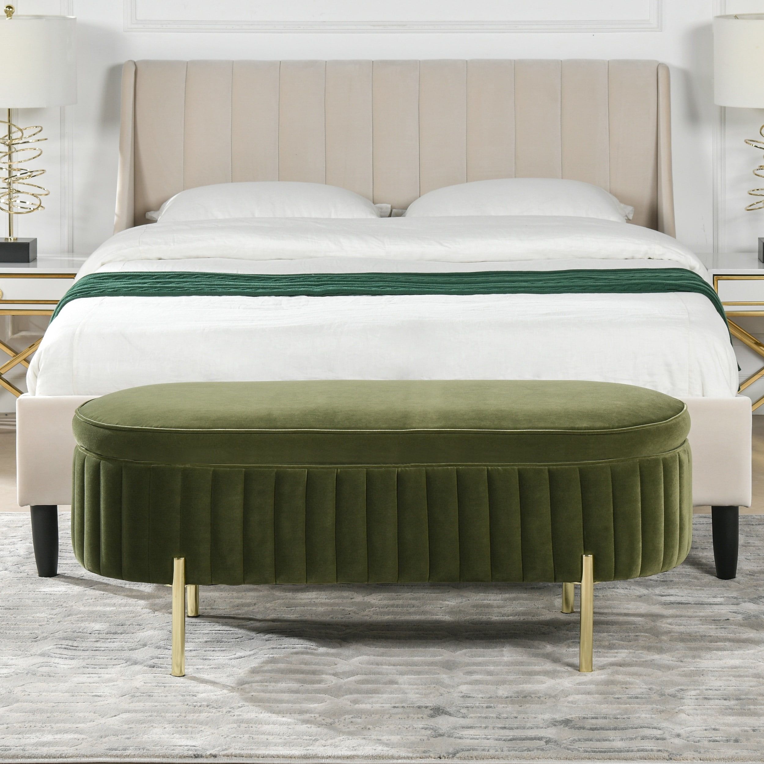 Olive Green Velvet Storage Bench with Gold Legs