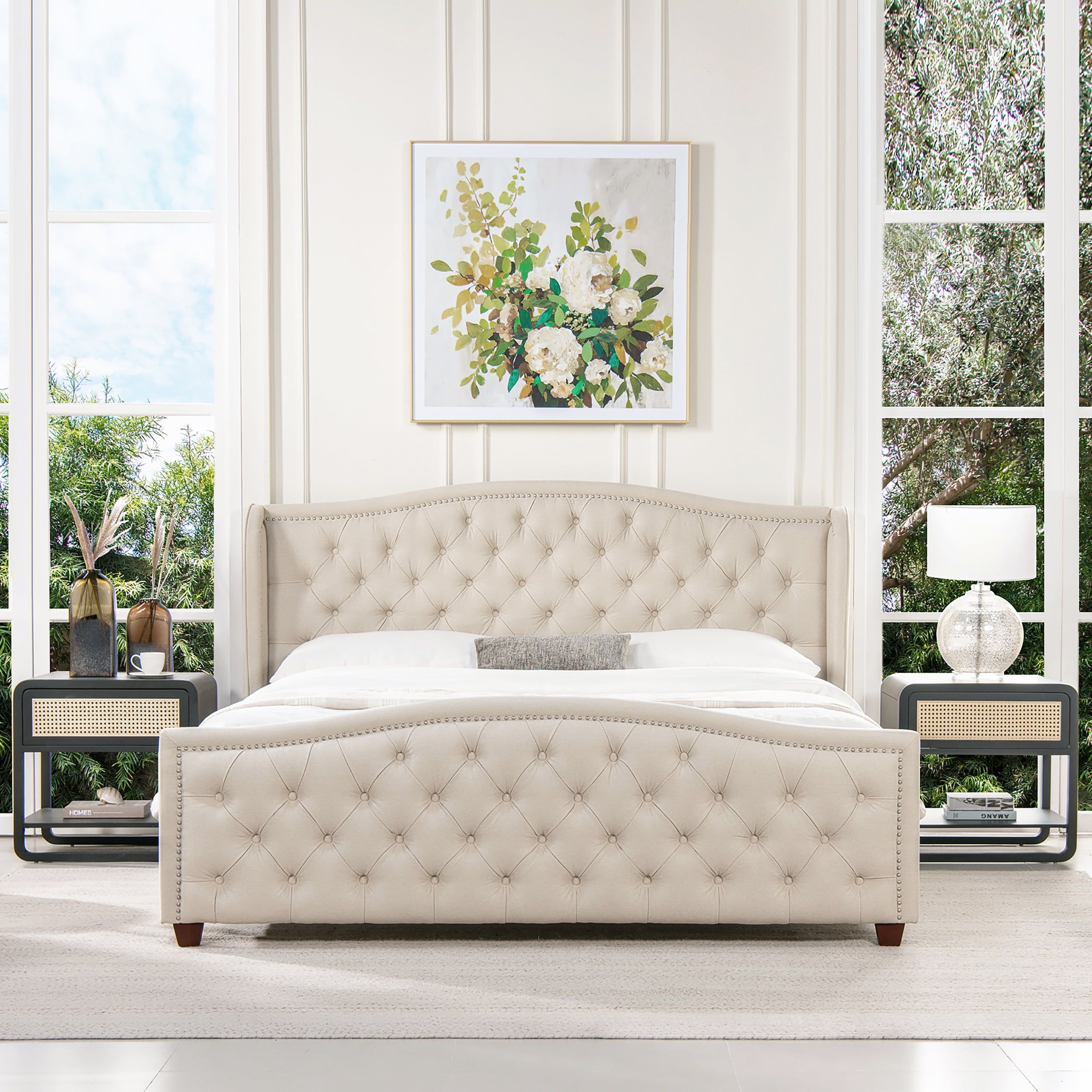 Fontana King Size Wingback Tufted Bed with Nailhead Trim in Sky Neutral Beige