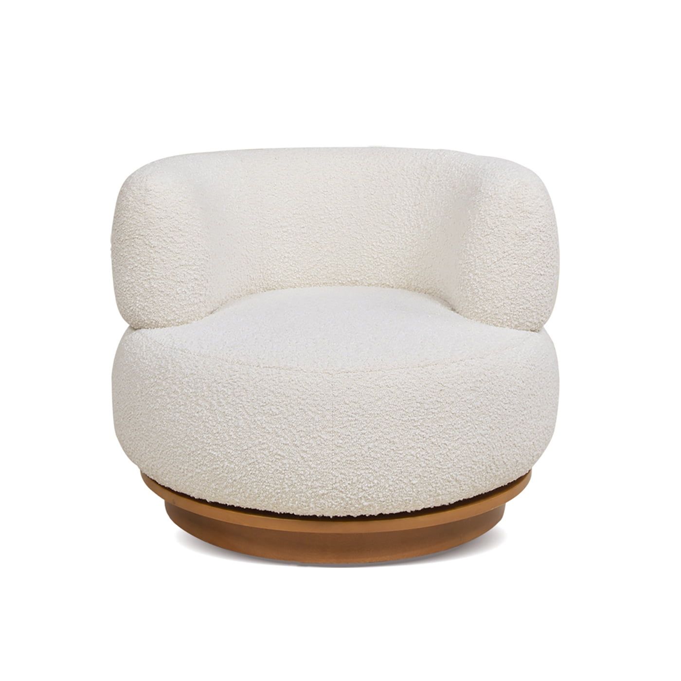 Ivory White Boucle Swivel Barrel Accent Chair with Wood Base