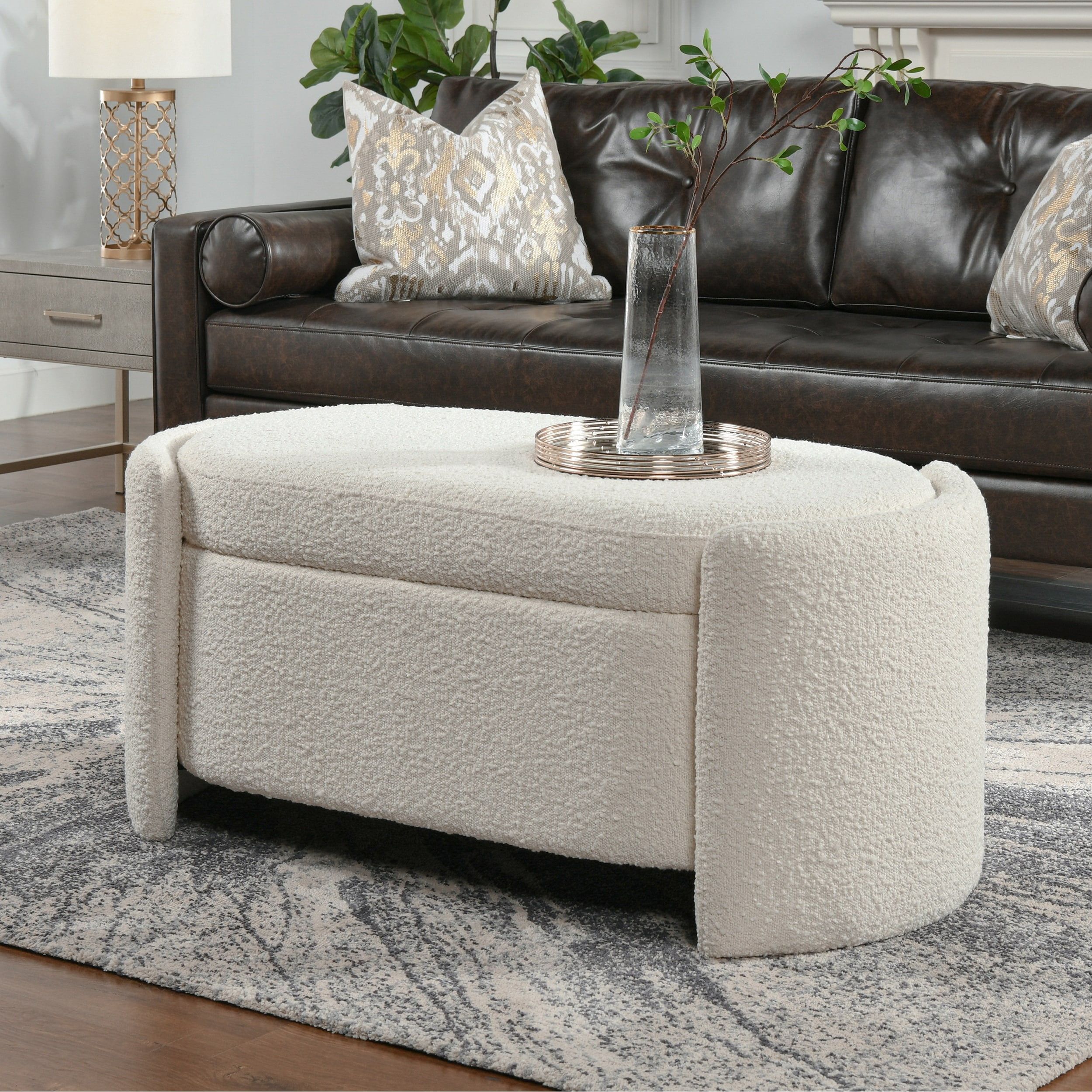 Modern Ivory White Boucle Oval Bedroom Storage Bench