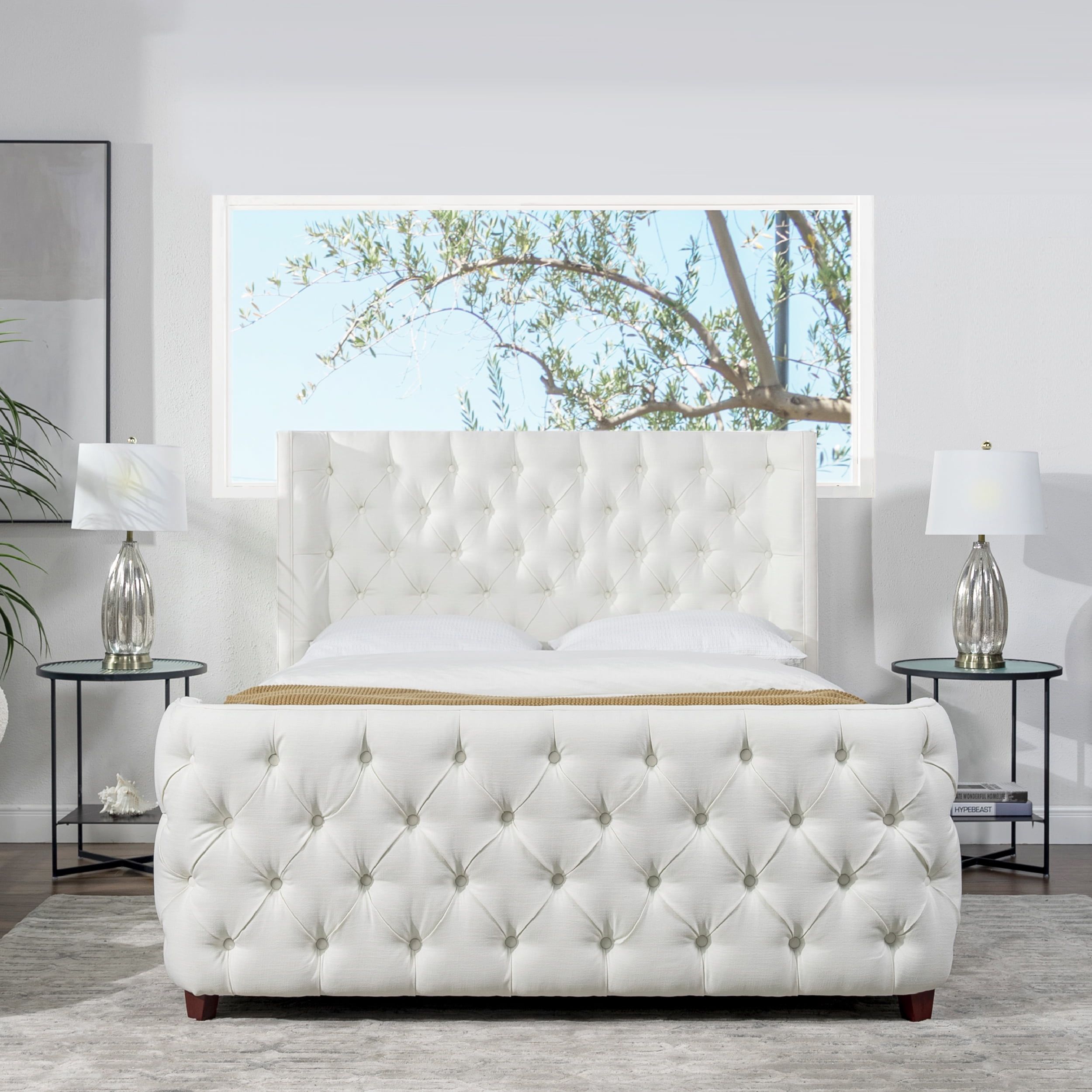 Queen Antique White Velvet Tufted Upholstered Bed Frame