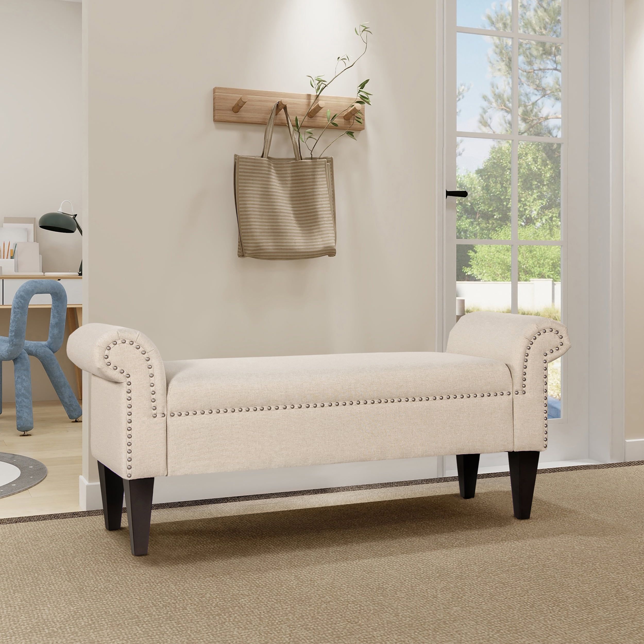 Sky Neutral Roll Arm Entryway Bench with Nailhead Trim