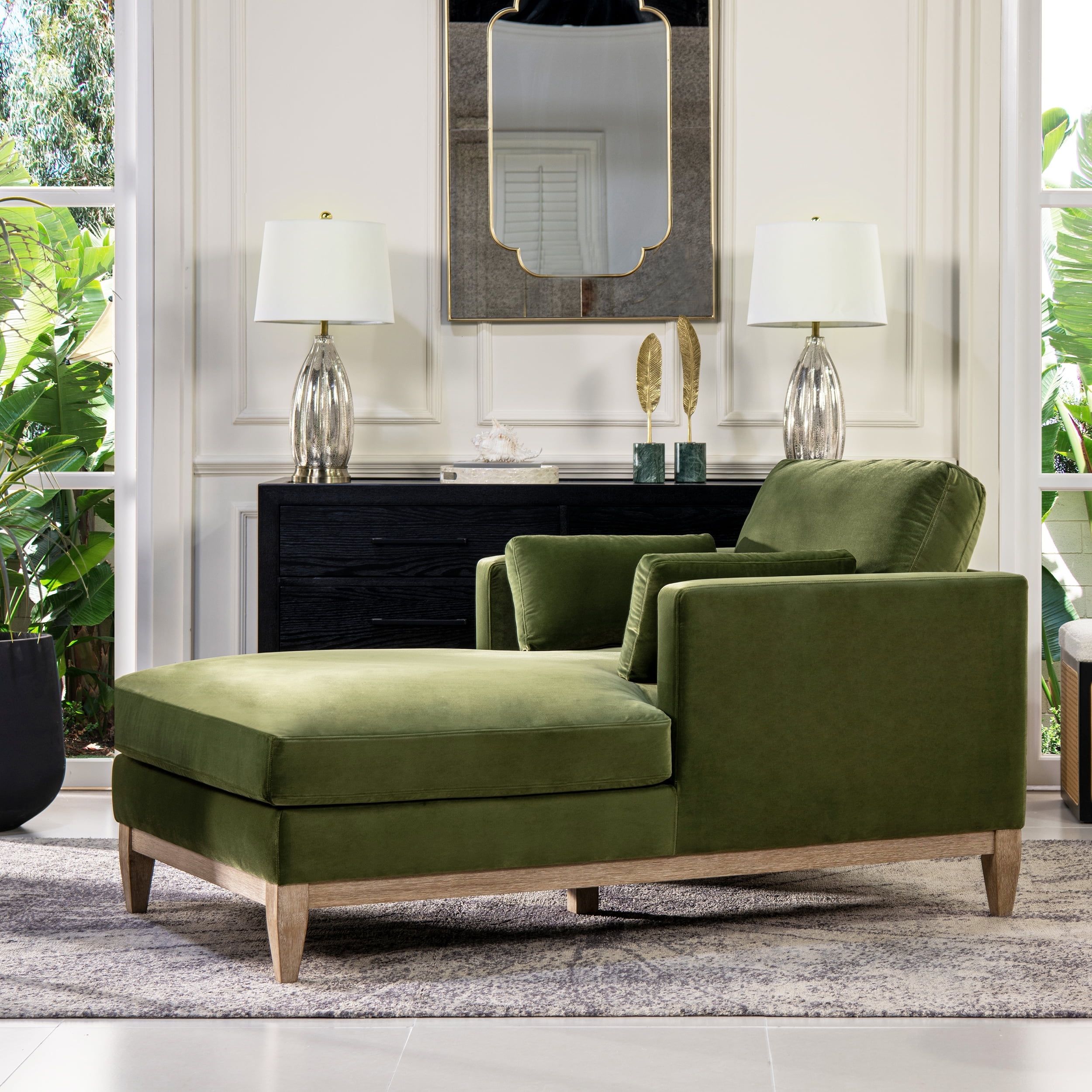 Olive Green Velvet and Wood Chaise Lounge Chair