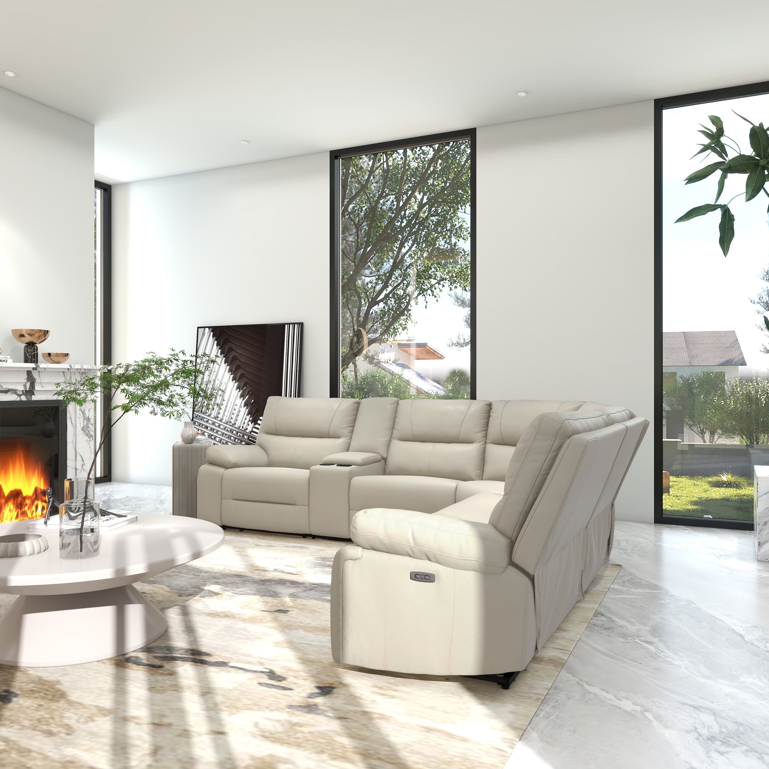 Cream Taupe Beige Leather Six-Piece Tufted Sectional with Cup Holders