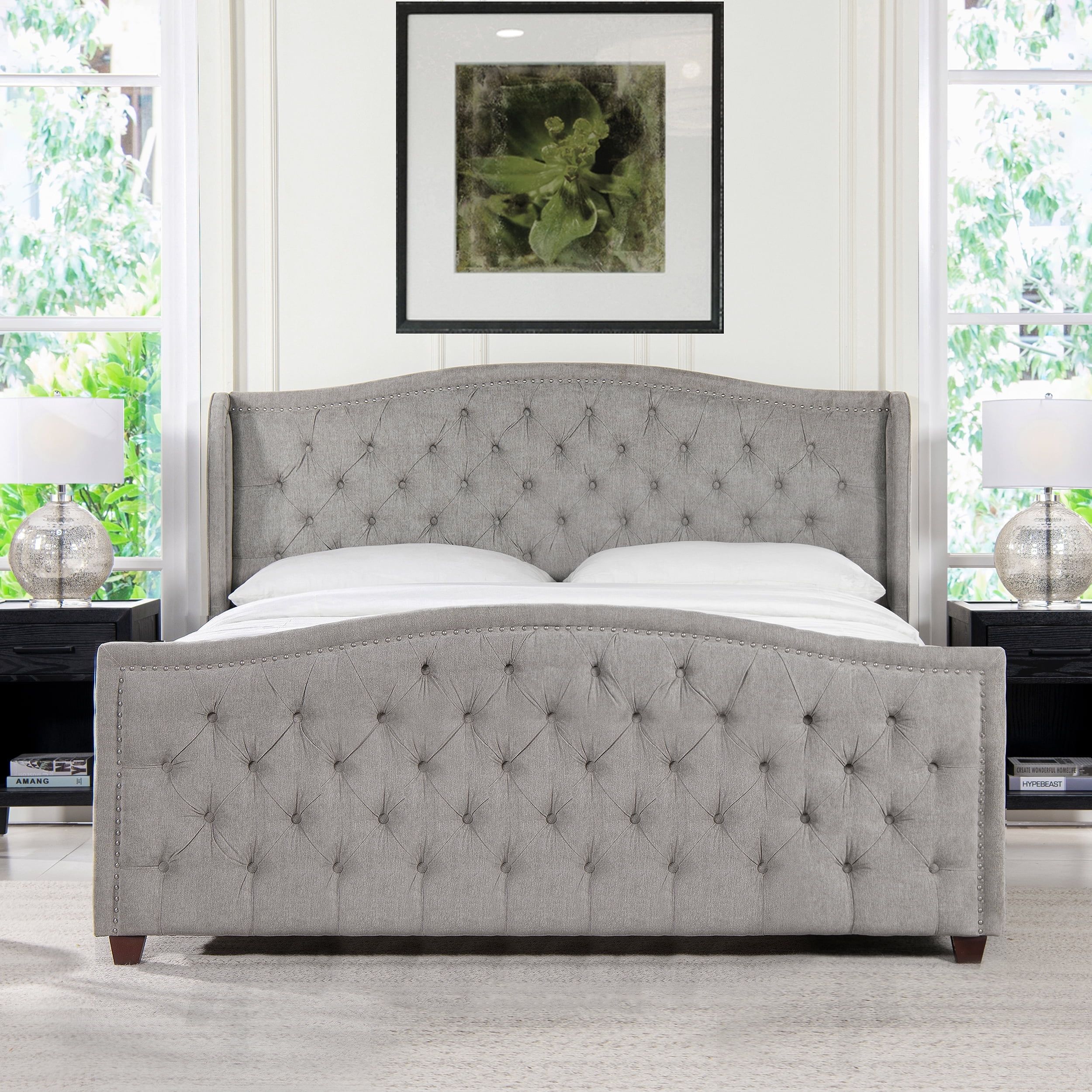 Marcella King Silver Grey Tufted Upholstered Bed with Nailhead Trim