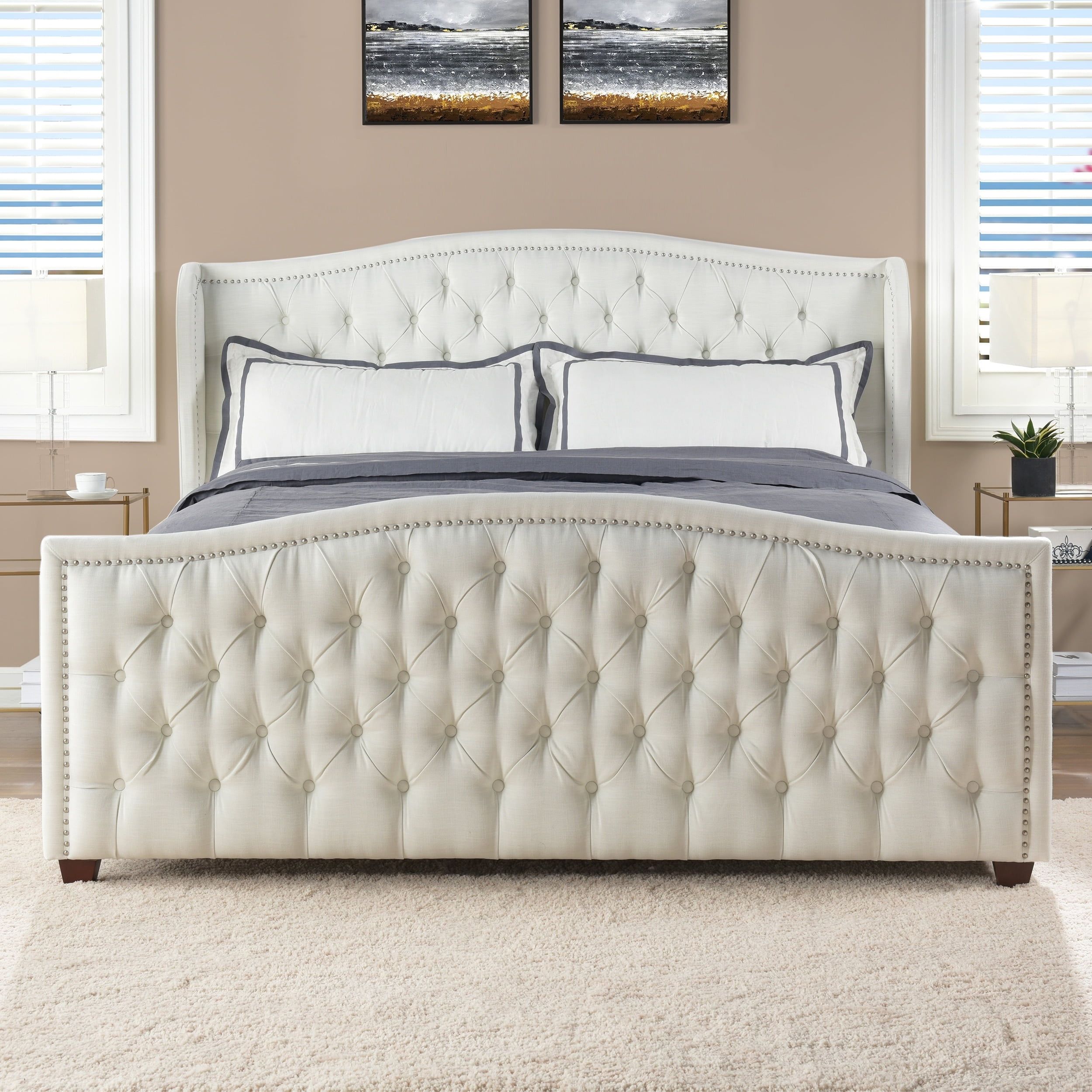 King Antique White Upholstered Wood Bed with Tufted Headboard