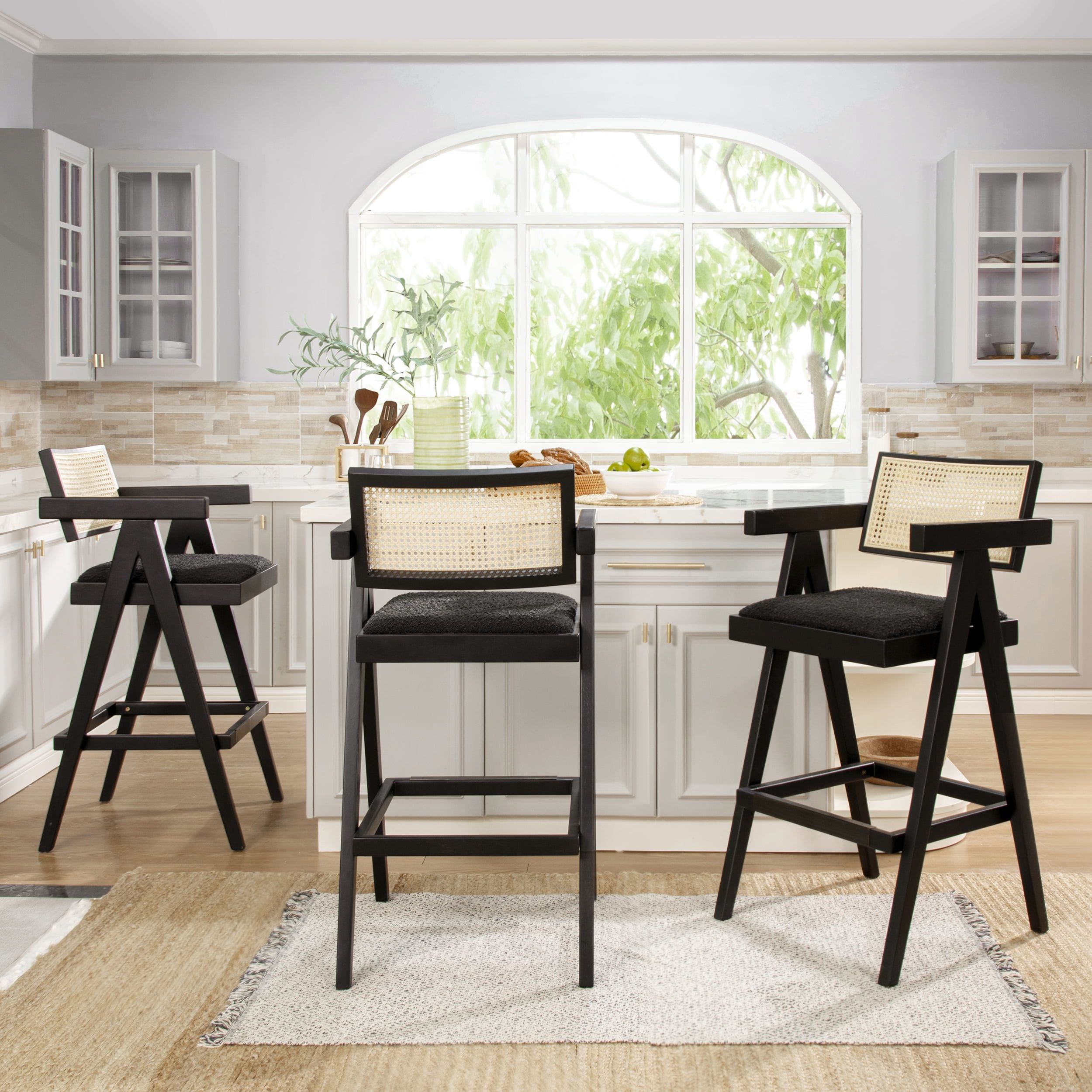 Milan Ebony Black Bouclé & Natural Wood Bar Stool Set of 3