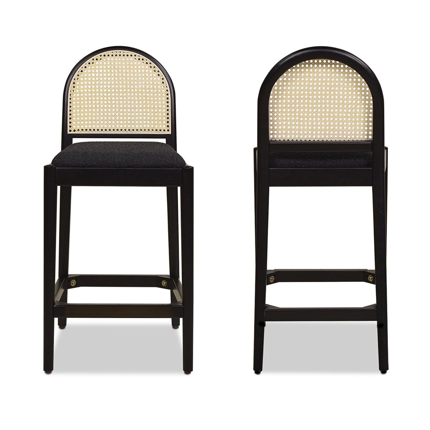 Ebony Black Boucle Oak Counter Stools with Cane Back, Set of 2