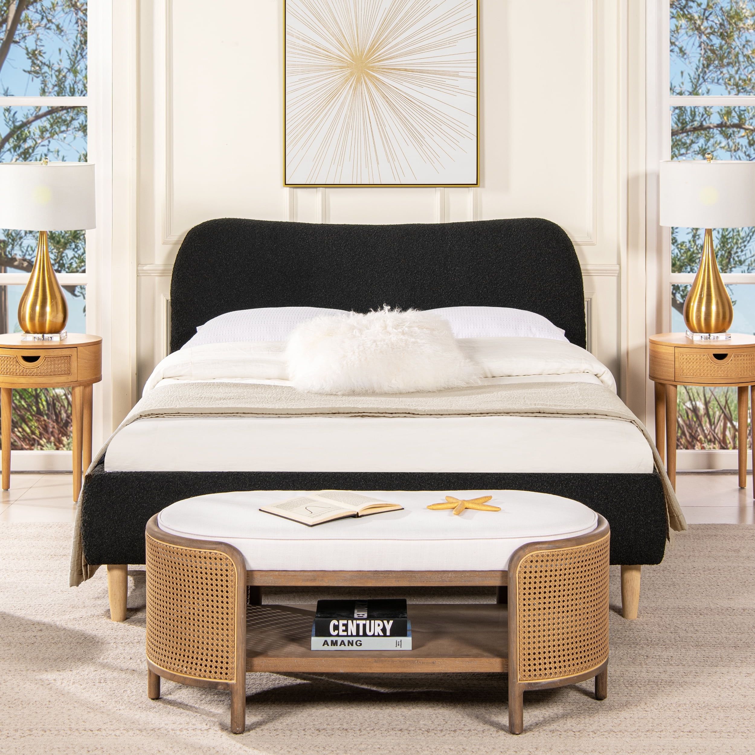 Ebony Black Boucle Upholstered Queen Platform Bed with Pine Frame