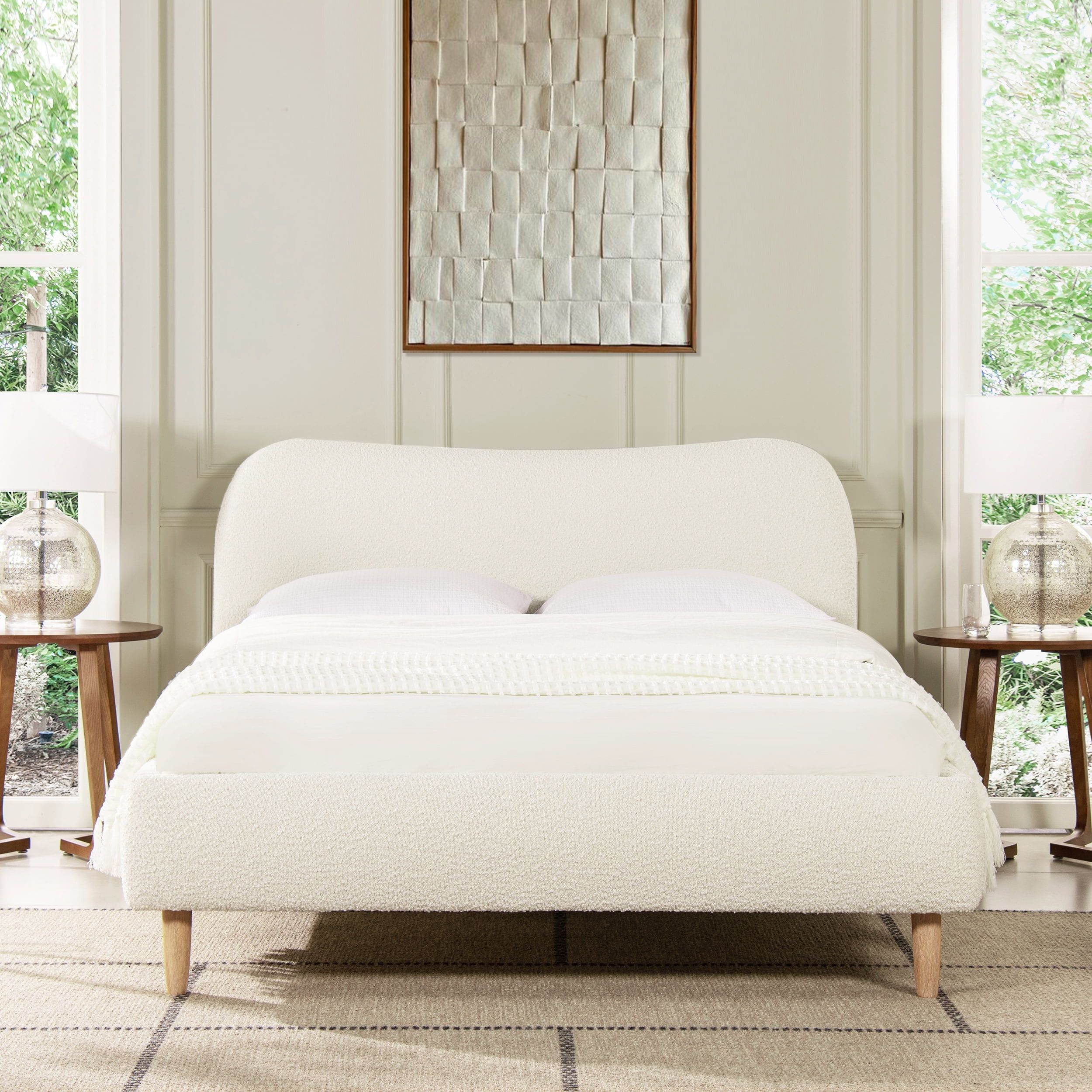 Ivory White Boucle Upholstered Queen Platform Bed with Curved Headboard