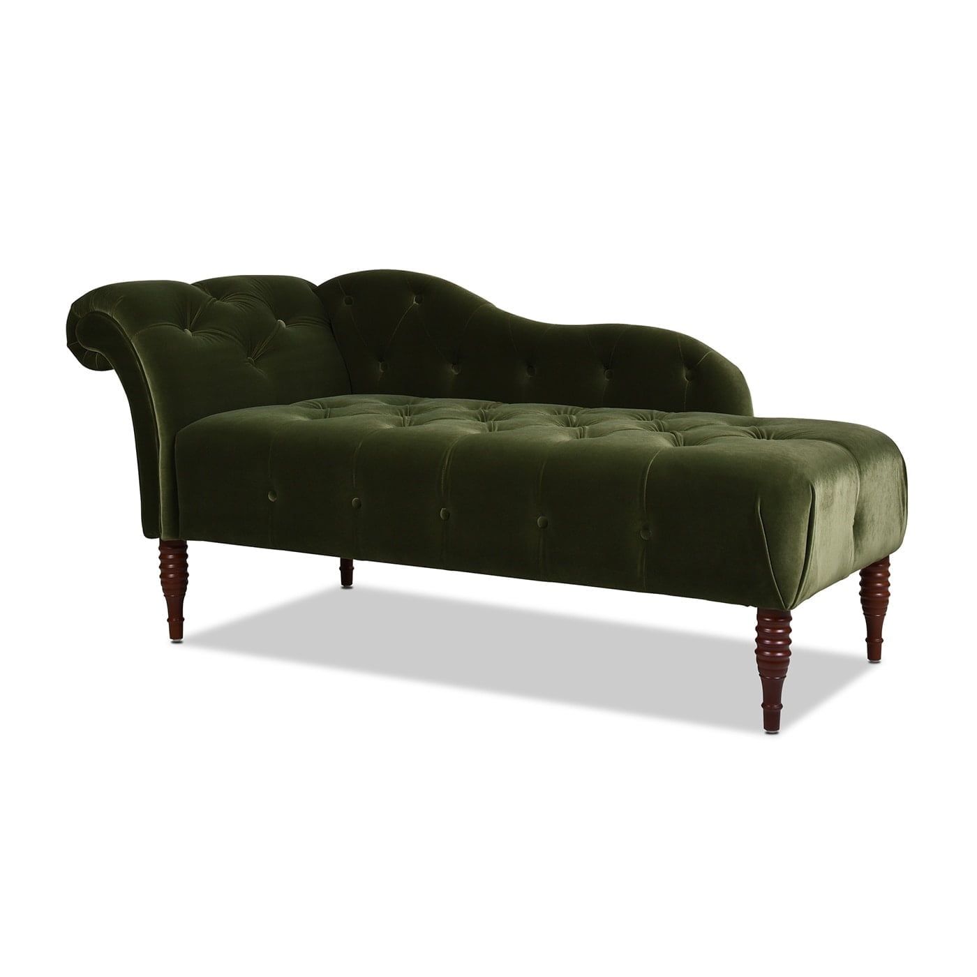 Olive Green Velvet Tufted Chaise Lounge with Wood Legs