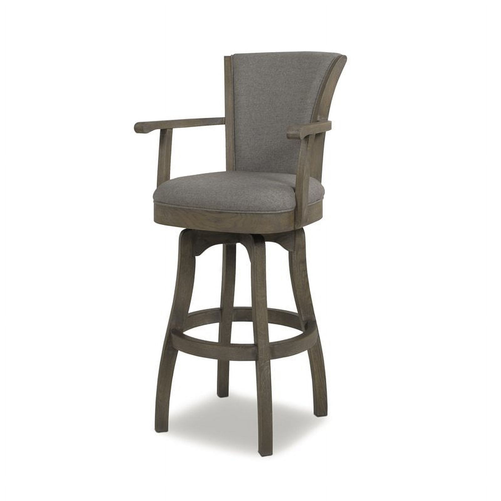 Distressed Wood Swivel Bar Stool with Gray Leather Cushion and Armrests
