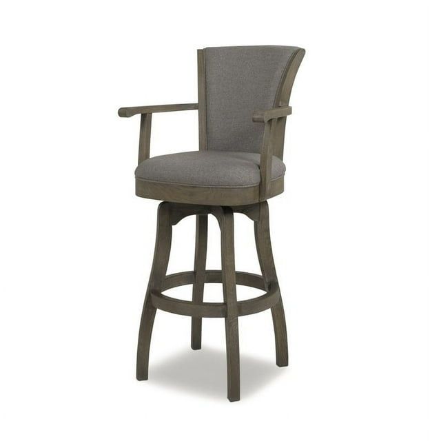 Distressed Wood Swivel Bar Stool with Gray Leather Cushion and Armrests