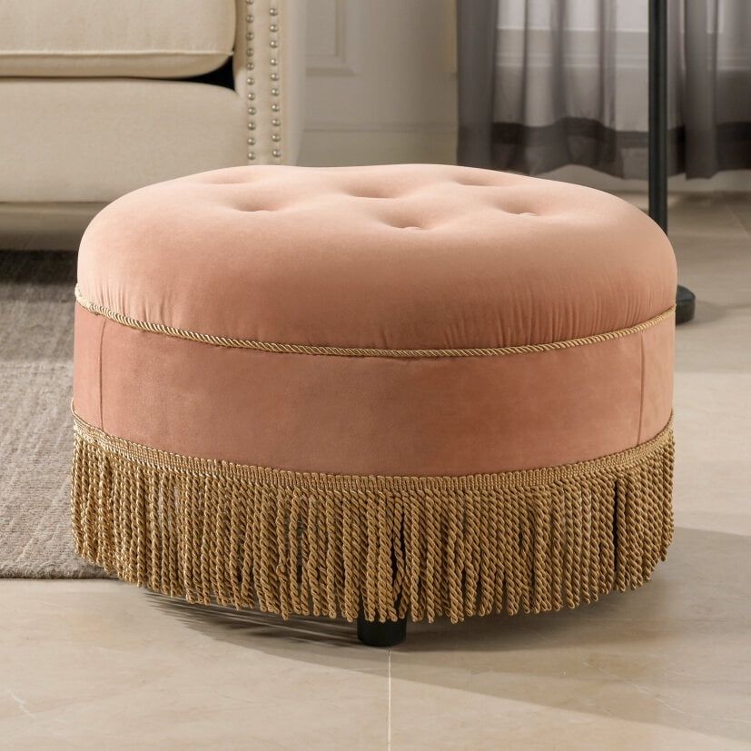 Yolanda Traditional Tufted Round Ottoman in Peach Orange Velvet