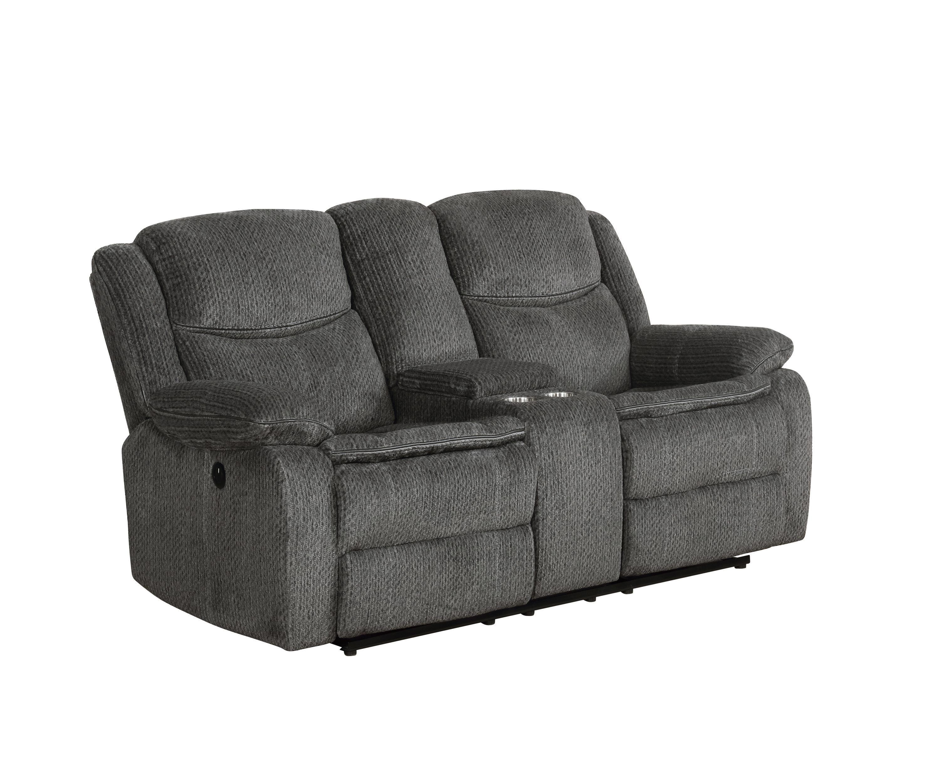 Charcoal Chenille 74.5" Reclining Loveseat with Nailhead Detail and Cup Holder