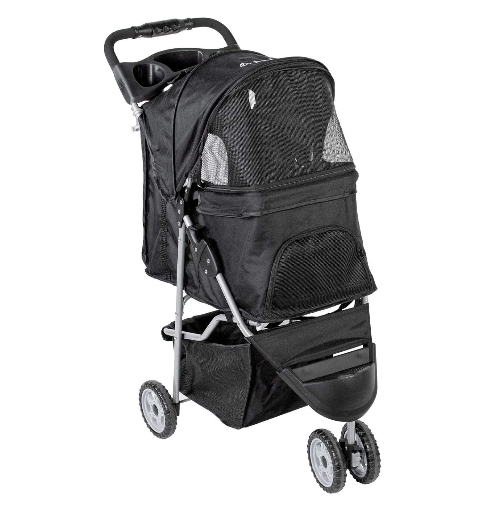 Black Foldable 3-Wheel Pet Stroller with Mesh Windows