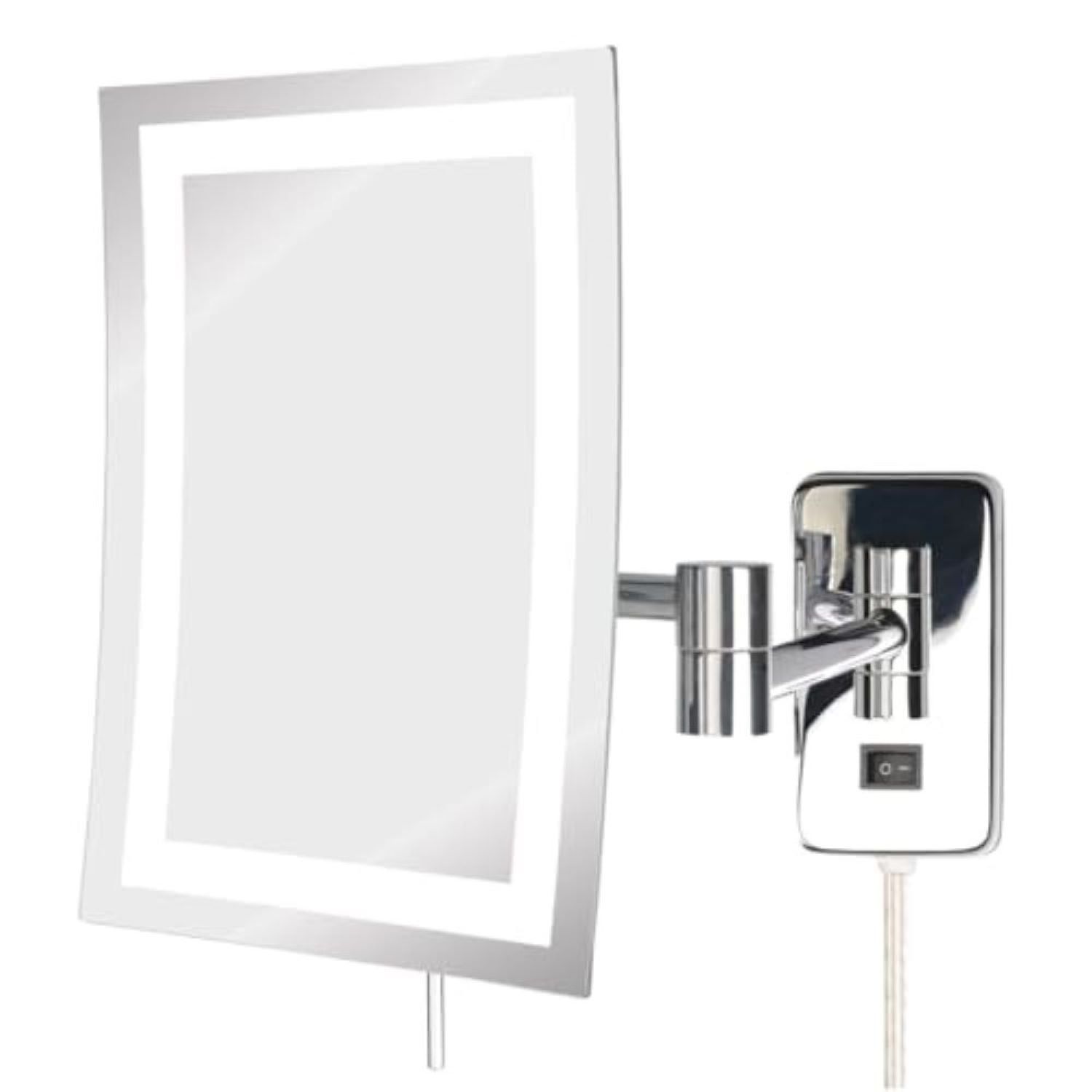 Modern Rectangular LED Lighted Wall-Mount Makeup Mirror, 5x Magnification, Silver Chrome