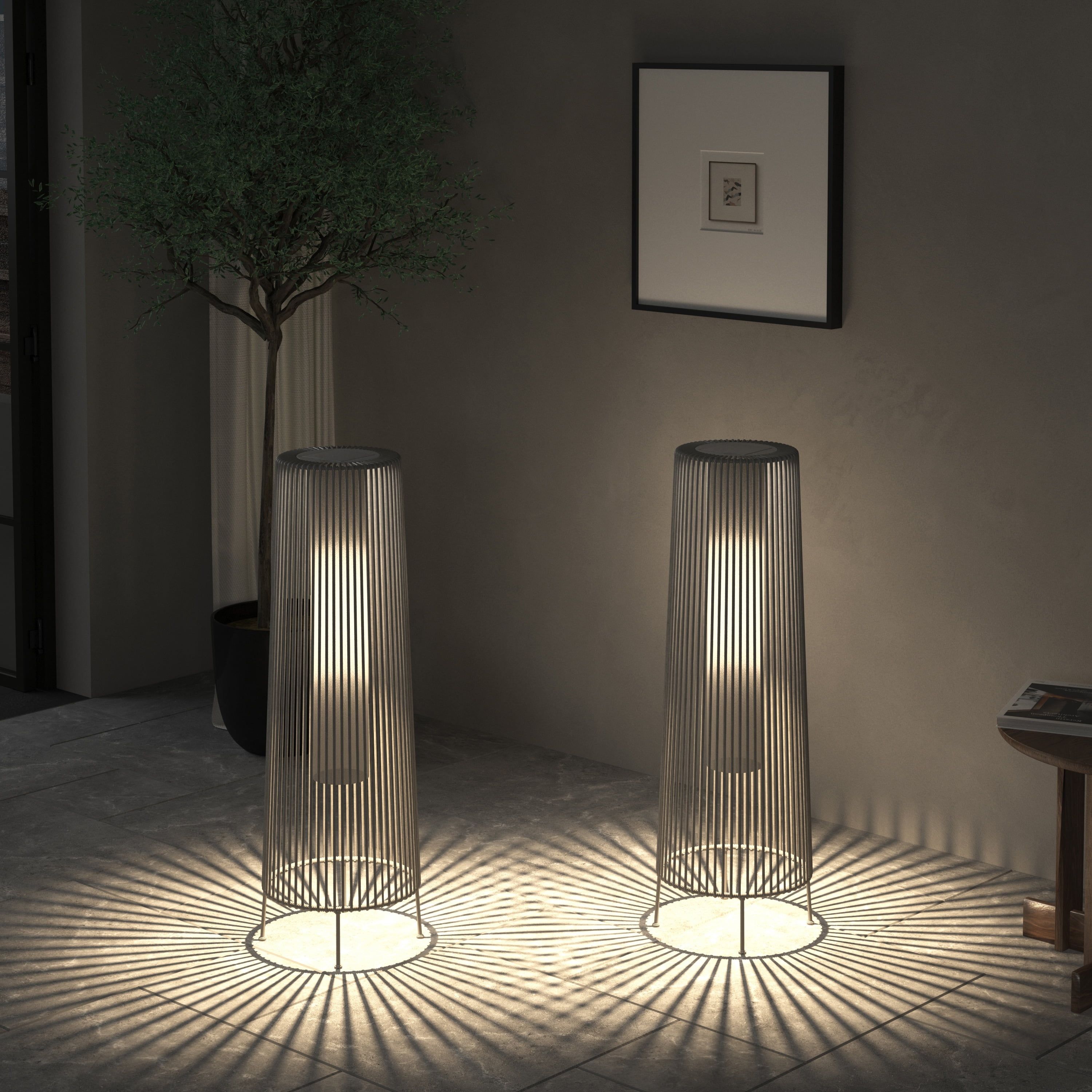 Charcoal LED Outdoor Solar Floor Lamps with Wicker Pattern, 2-Pack