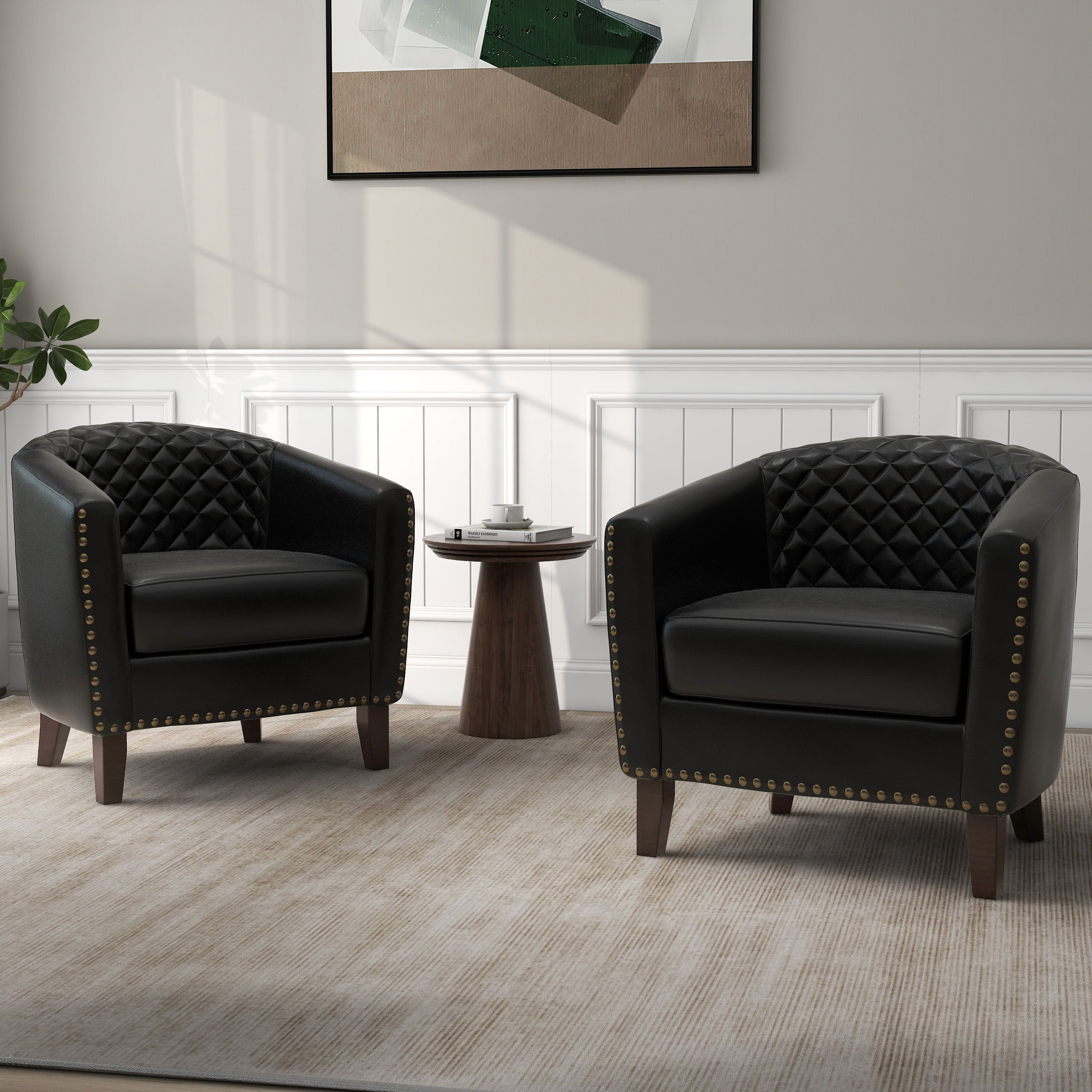 Black Faux Leather Barrel Accent Chair with Wood Legs