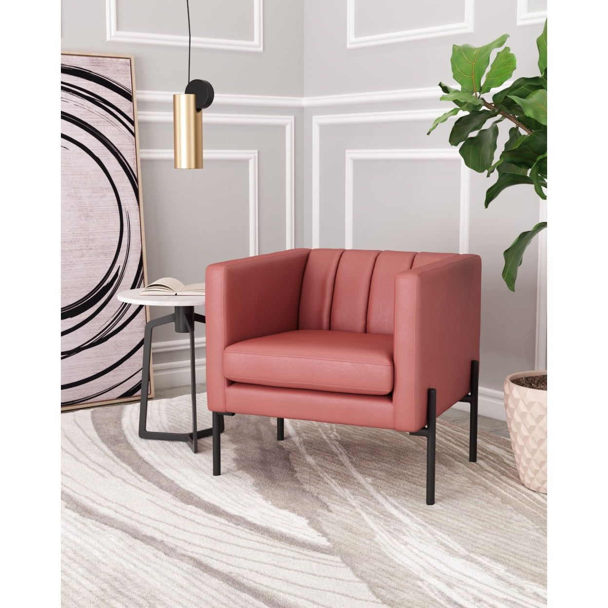 Contemporary Rust Brown Leather Accent Chair with Metal Frame