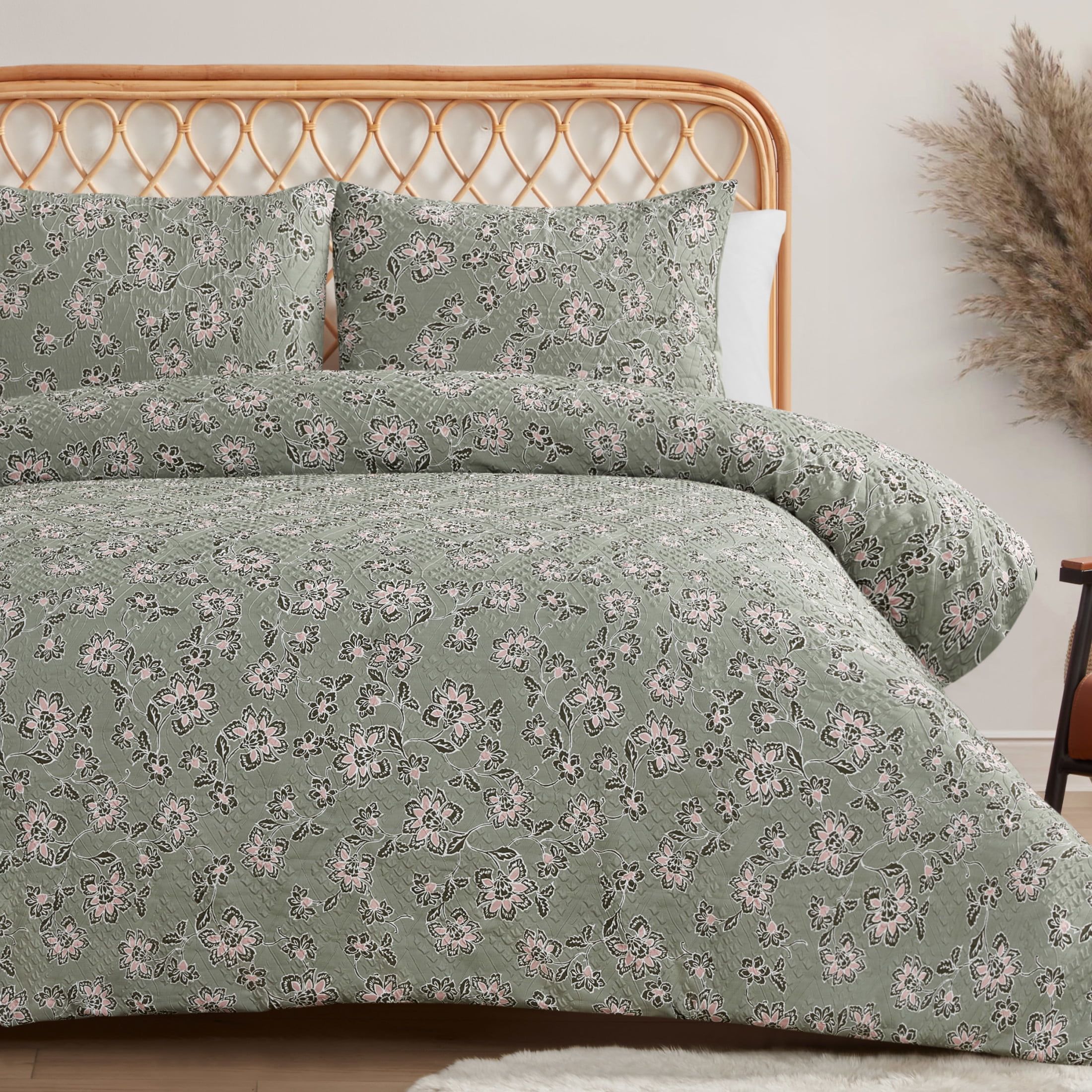 Sage Green Botanical Embossed Cotton King Comforter Set - 3 Piece